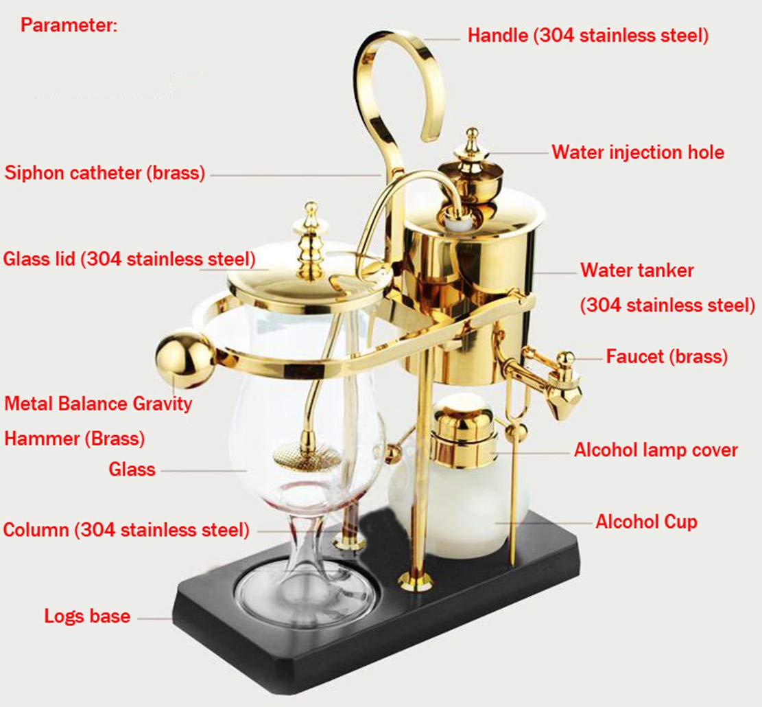 Premium 4-5 Cup Manual Siphon Coffee Maker with Alcohol Burner - Gold Stovetop Coffee Pot for Home Brewing, Camping & Gifts