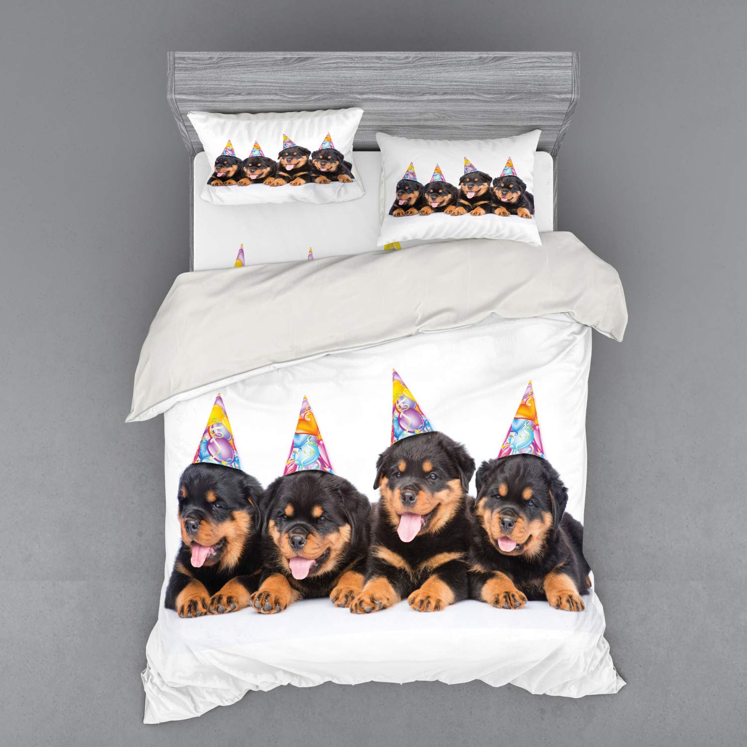 Ambesonne Rottweiler Puppies Birthday Bedding Set - 4 Piece Duvet Cover with Shams & Fitted Sheet, Queen Size, Marigold & Black Dog Themed Decor - Perfect for Dog Lovers' Bedrooms, Birthday Gifts & Themed Parties