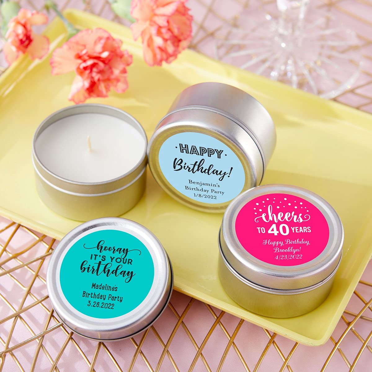 Kate Aspen Personalized Travel Candle Tin - 96PCS Custom Scented Candles with Round Sticker Design - Perfect for Milestone Birthday Party Favors, Wedding Decor & Travel Gifts - Great for Home, Office & Spa Relaxation