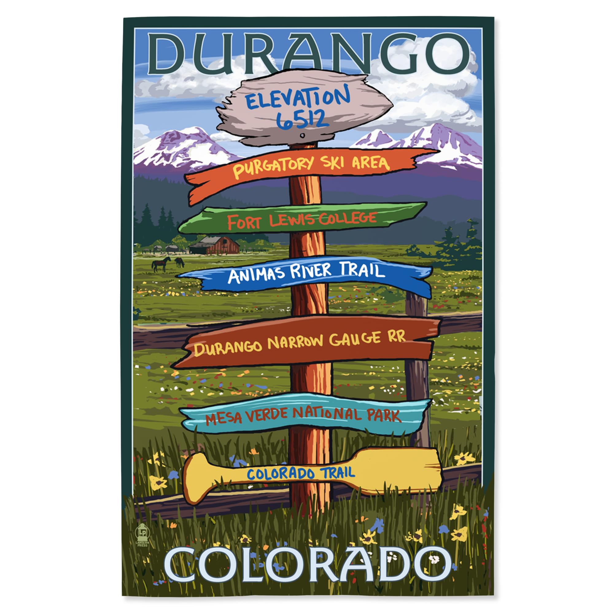 Lantern Press 16x24 Inch Giclee Art Print - Durango Colorado Signpost Wall Decor | Vintage Style Travel Poster for Living Room, Office & Cabin Decor