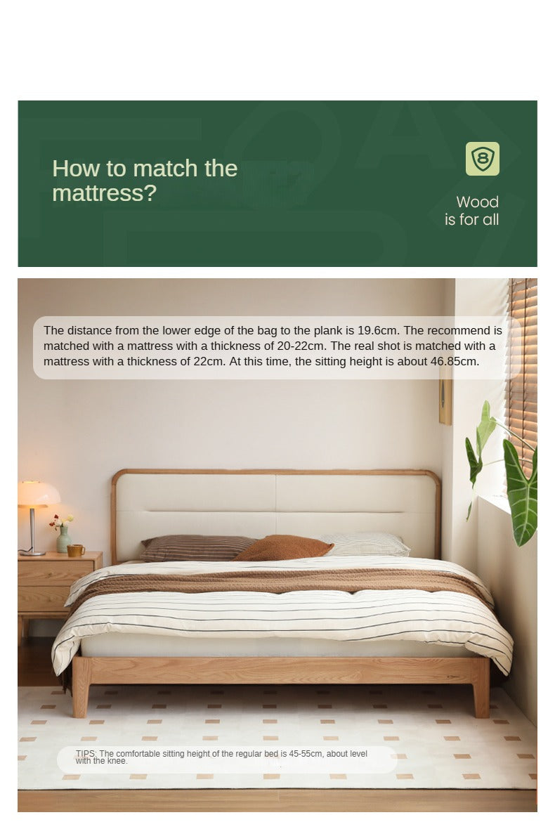 Solid Oak Wood Leather Upholstered Soft Bed - Queen Size, Modern Platform Bed Frame with Headboard for Bedroom, Living Room, Guest Room