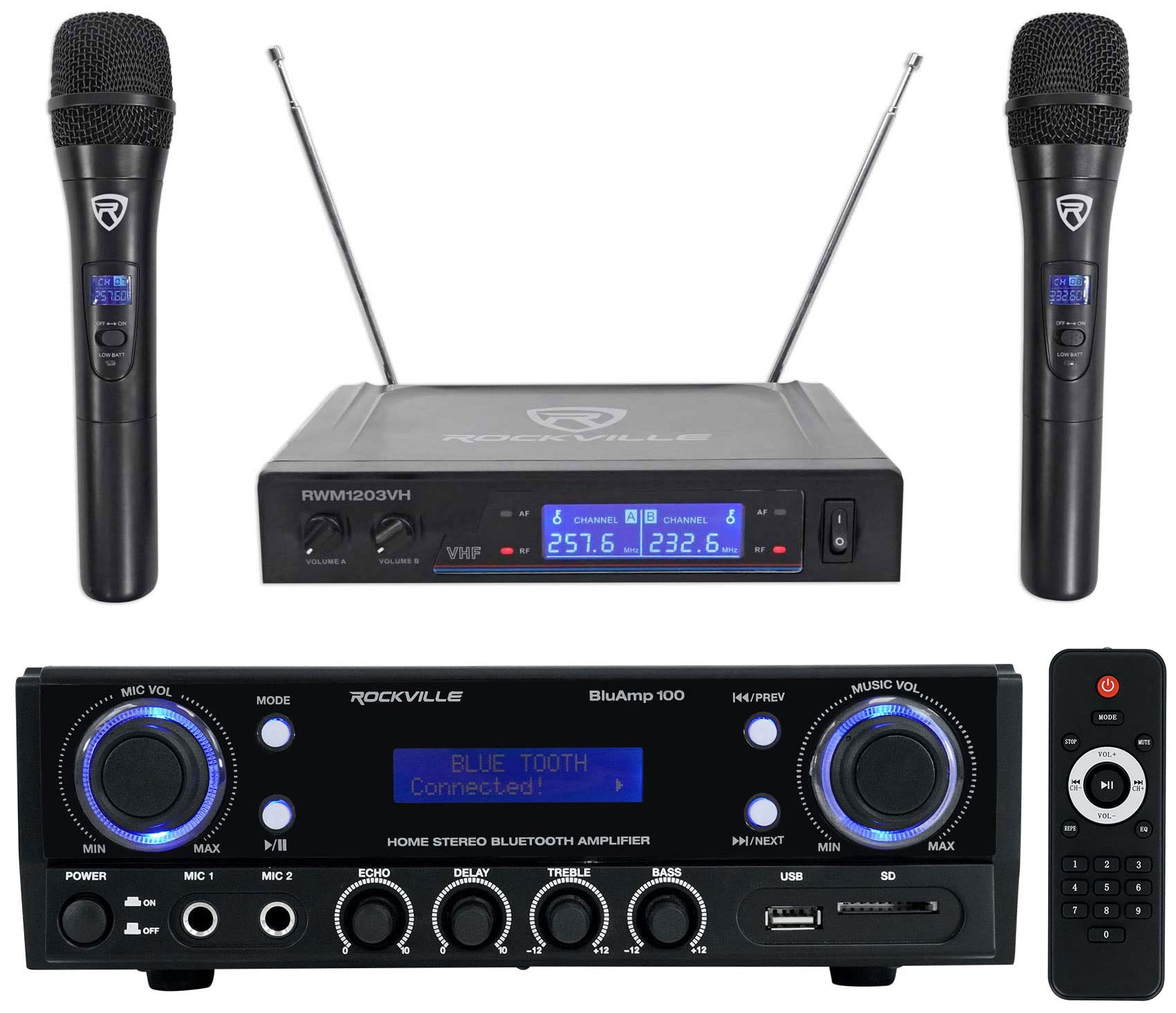 Rockville BLUAMP 100W Bluetooth Home Stereo Amplifier with USB/RCA Outputs & Wireless Microphone System - Perfect for Karaoke, Home Theater, and Party Entertainment