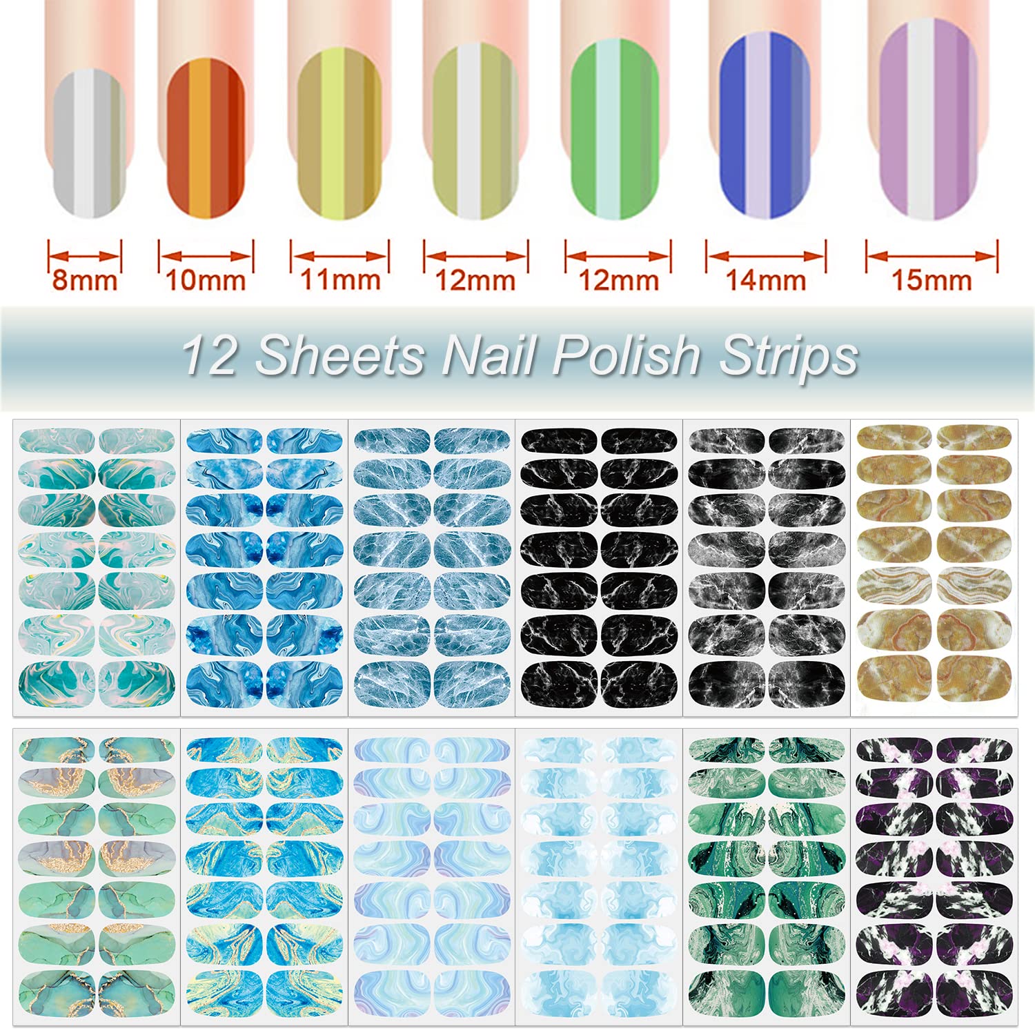 DANNEASY Marble Nail Polish Strips - 12 Sheets Self-Adhesive Nail Wraps for Women, Gel Nail Stickers with Nail File & Cuticle Stick | Easy DIY Manicure at Home, Salon-Quality Nails for Parties, Weddings & Everyday Wear