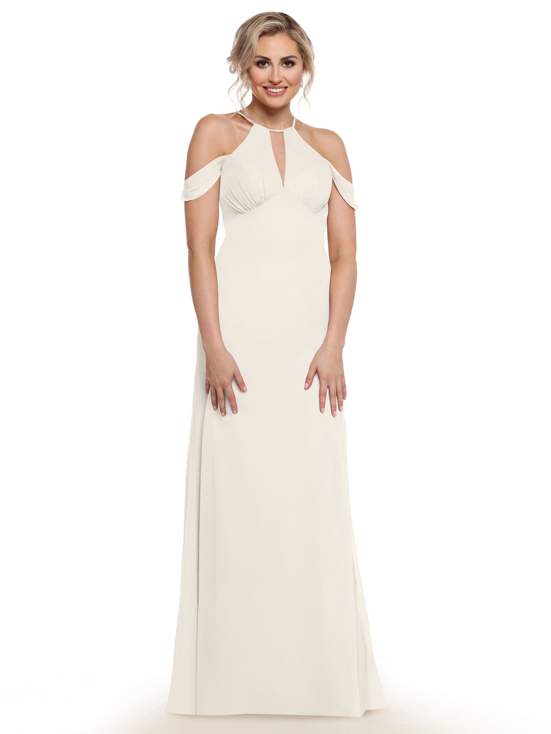 Elegant Off-the-Shoulder Chiffon Bridesmaid Dress with Halter Neckline - Perfect for Weddings, Formal Events & Special Occasions