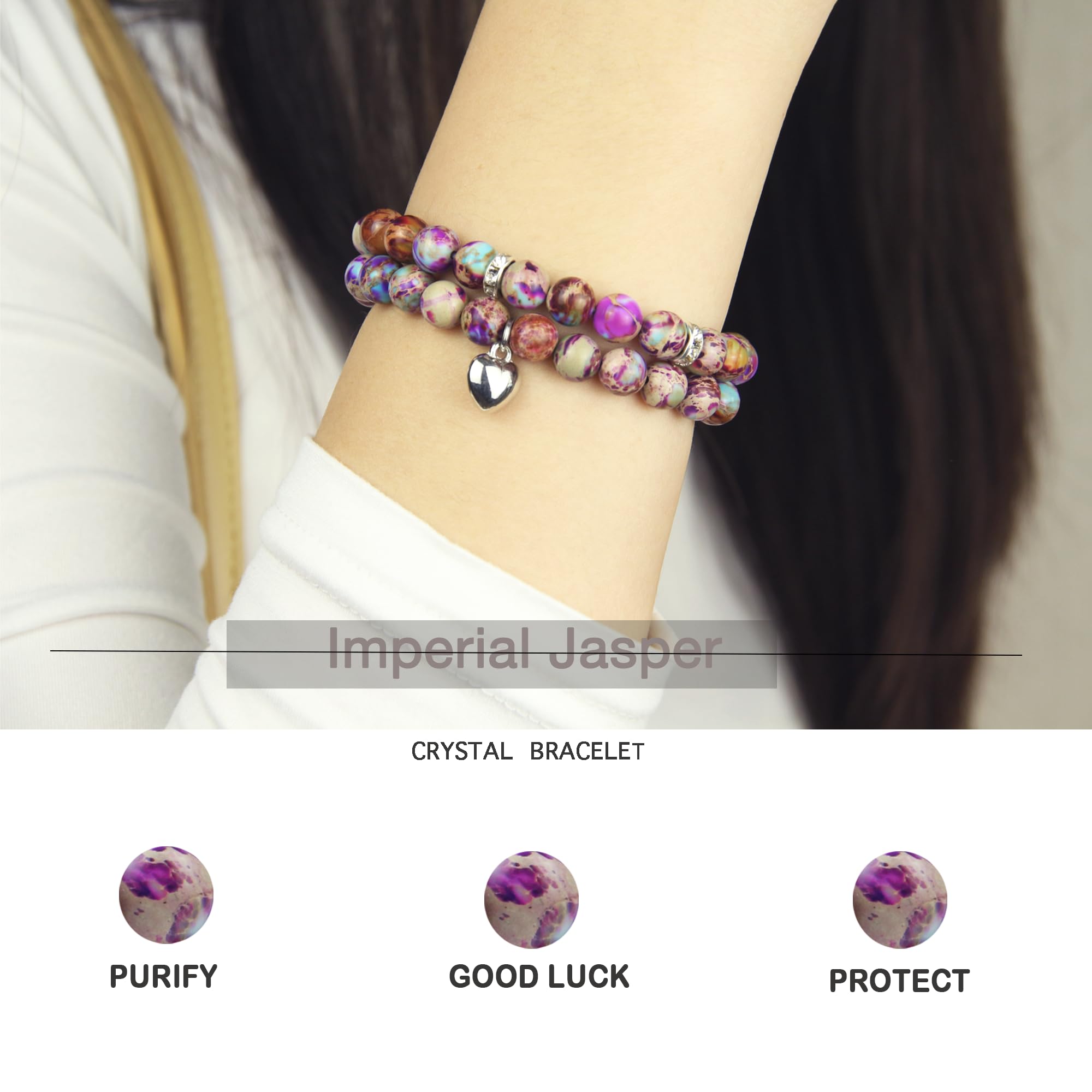 Healing Bracelets for Women - Imperial Jasper Crystal Bracelet with 8mm Natural Stone Beads, Stress Relief Yoga Prayer Jewelry, Get Well Soon Gift for Meditation, Wellness & Spiritual Healing
