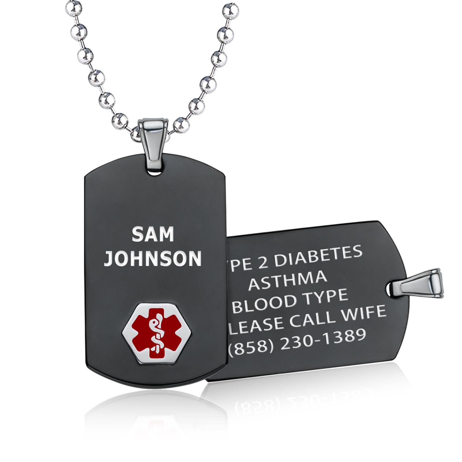 Divoti Custom Engraved Medical Alert Necklace for Men - Stylish Black & Silver Medical ID Jewelry for Emergency Health Conditions - Perfect for Daily Wear, Travel & Outdoor Activities