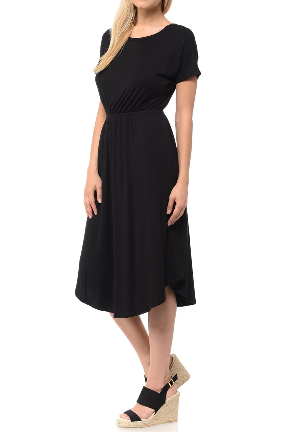 Iconic Luxe Women's Short Sleeve Flare Midi Dress with Pockets - Elegant Casual Summer Dress for Brunch, Beach & Date Night