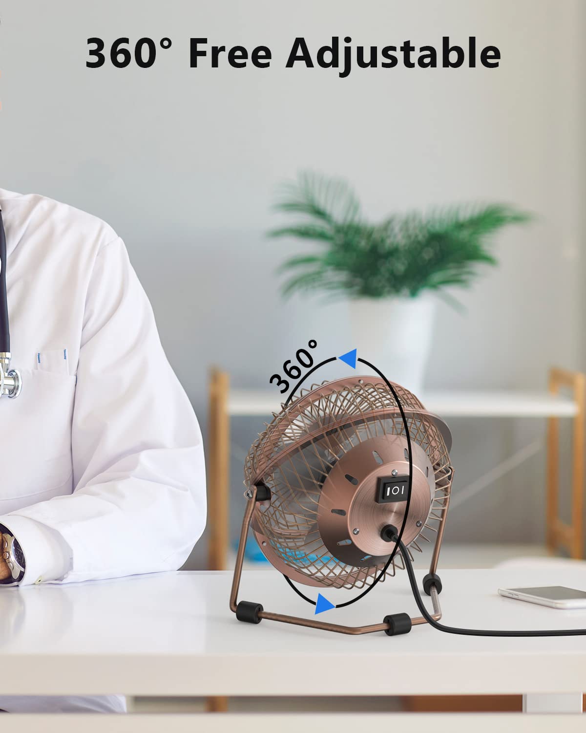 Zuvas 4-Inch Bronze USB Desk Fan - Quiet Small Personal Fan with 360° Rotation, 2 Speed Settings, Portable Mini Table Fan for Home, Office, Bedroom, Travel & Camping | Perfect for Cooling, Studying, Working & Outdoor Adventures