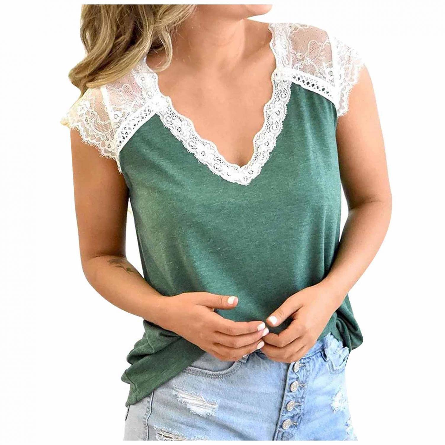 Women's V-Neck Lace Tank Tops - Summer Casual Sleeveless Blouses with Side Split Design | Perfect for Beach Outings, Date Nights & Summer Vacations