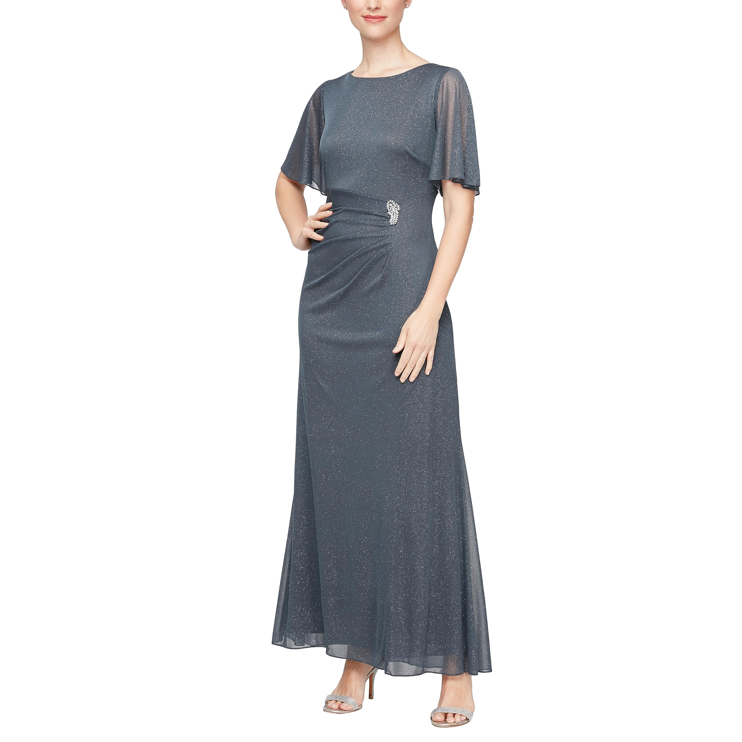 S.L. Fashions Women's Formal Long Glitter Mesh Stretch Embellished Waist Mother of Bride Dress - Petite & Regular Sizes - Perfect for Weddings, Galas & Special Occasions
