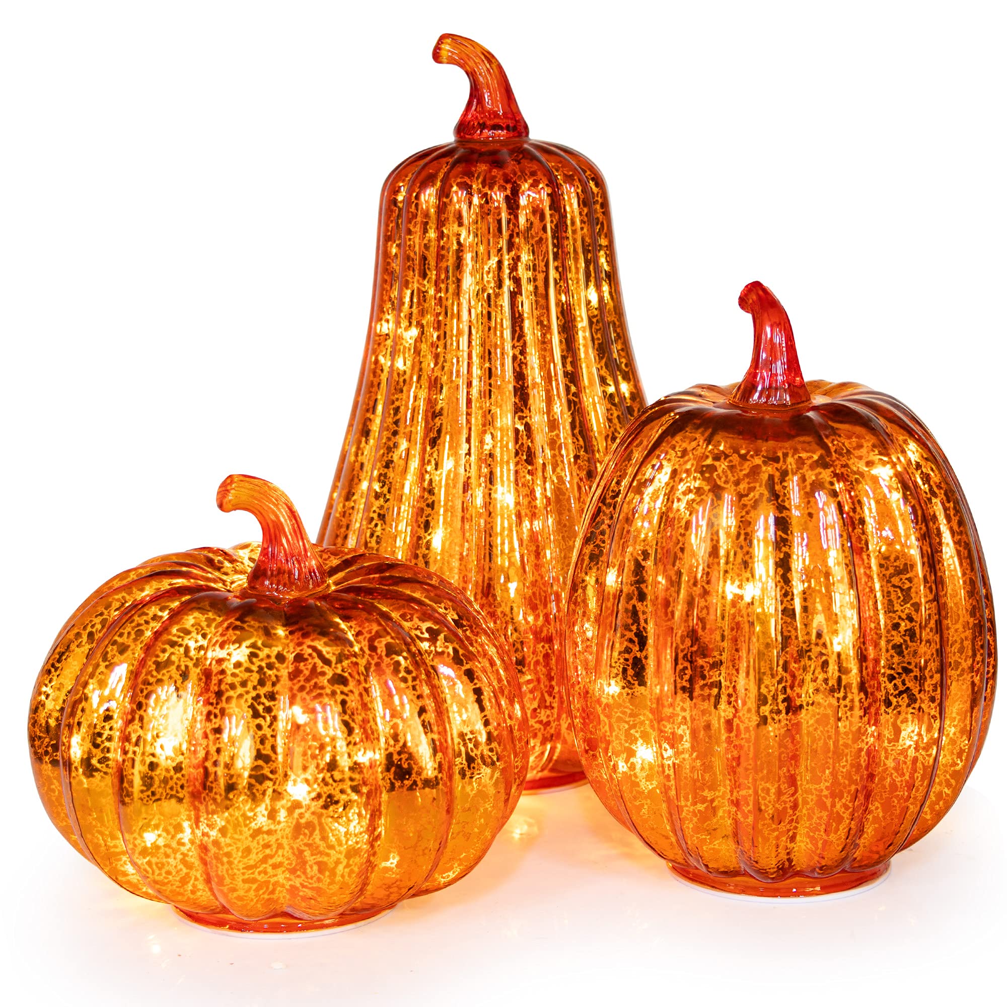 KI Store Set of 3 Battery Operated Glass Pumpkin Lights with Timer - Mercury Glass Halloween Decorations for Fall, Thanksgiving, Home & Party Decor | Indoor & Outdoor Use