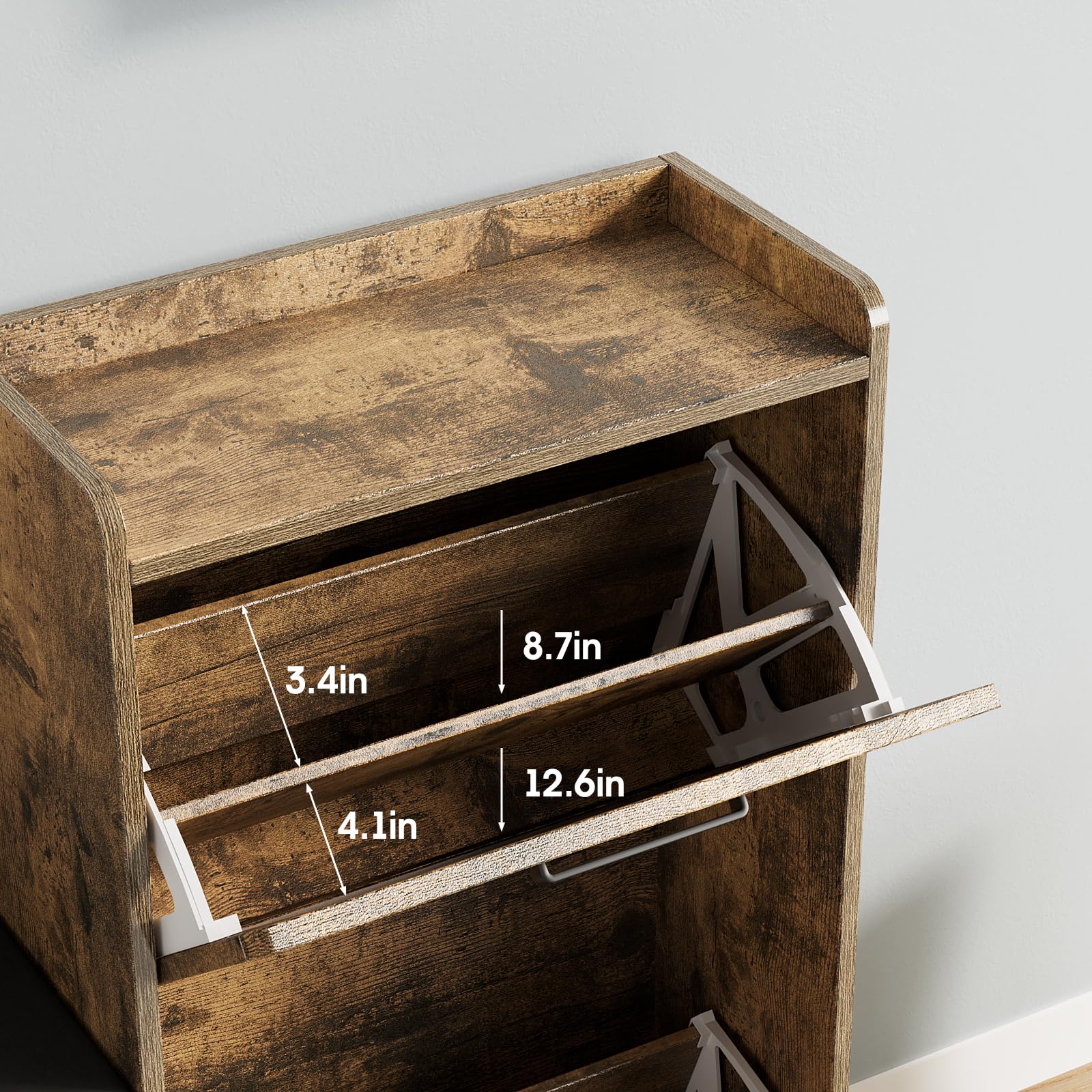 Adjustable Shoe Storage Cabinet with Bench - 4 Flip Drawers & Padded Seat Cushion - Left/Right Configurable Entryway Organizer - Rustic Brown Narrow Hallway Shoe Rack - Perfect for Small Spaces, Mudrooms & Apartment Entryways