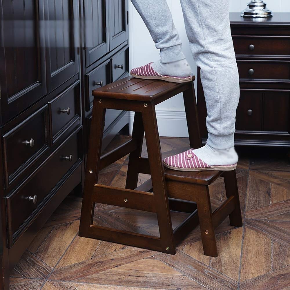 Wooden Step Stool with 2 Steps, Foldable Creative Multifunctional Ladder Stool for Home - Dual Use as Step Ladder & Seat (Color: Brown) - Perfect for Kitchen, Bathroom & Kids' Room