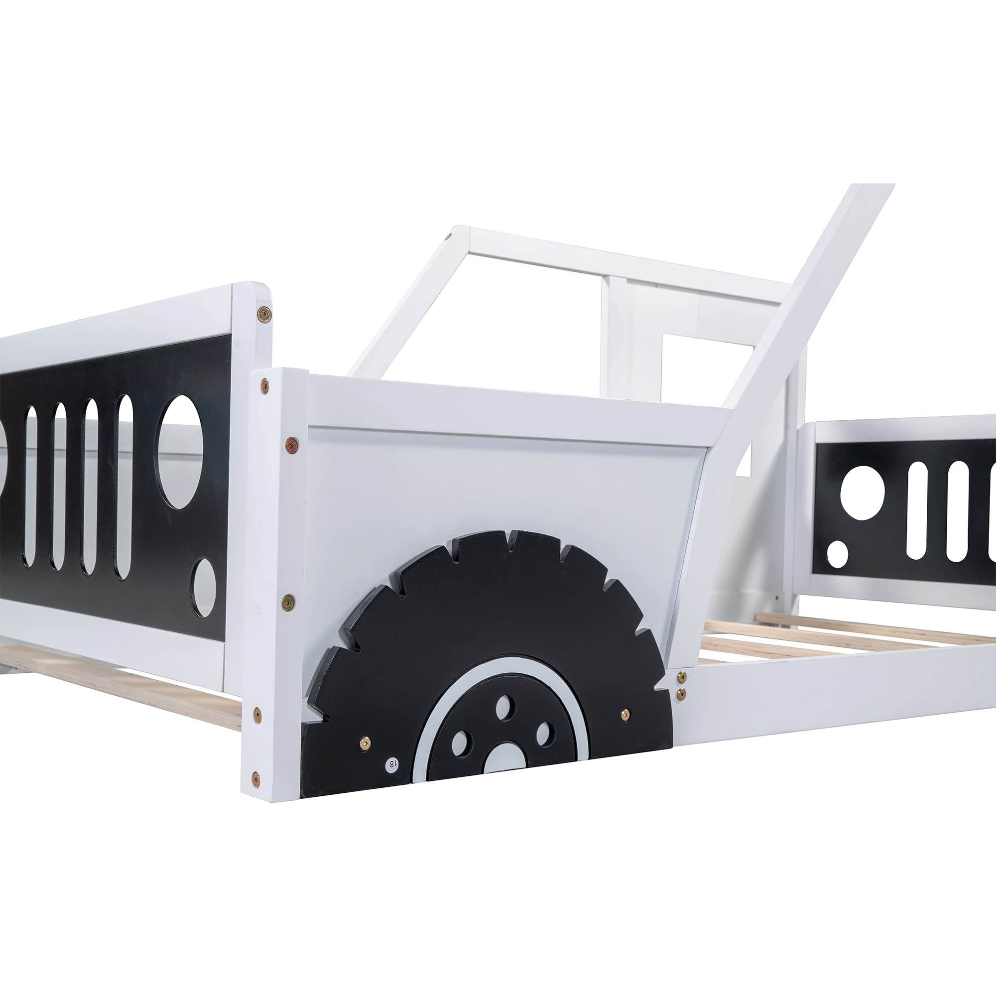Twin Size Kids Car-Shaped Bed with Wheels - Wooden Montessori Floor Bed for Boys & Girls - Lightning McQueen Themed (White & Black) - Perfect for Toddler Rooms, Playrooms & Montessori Classrooms