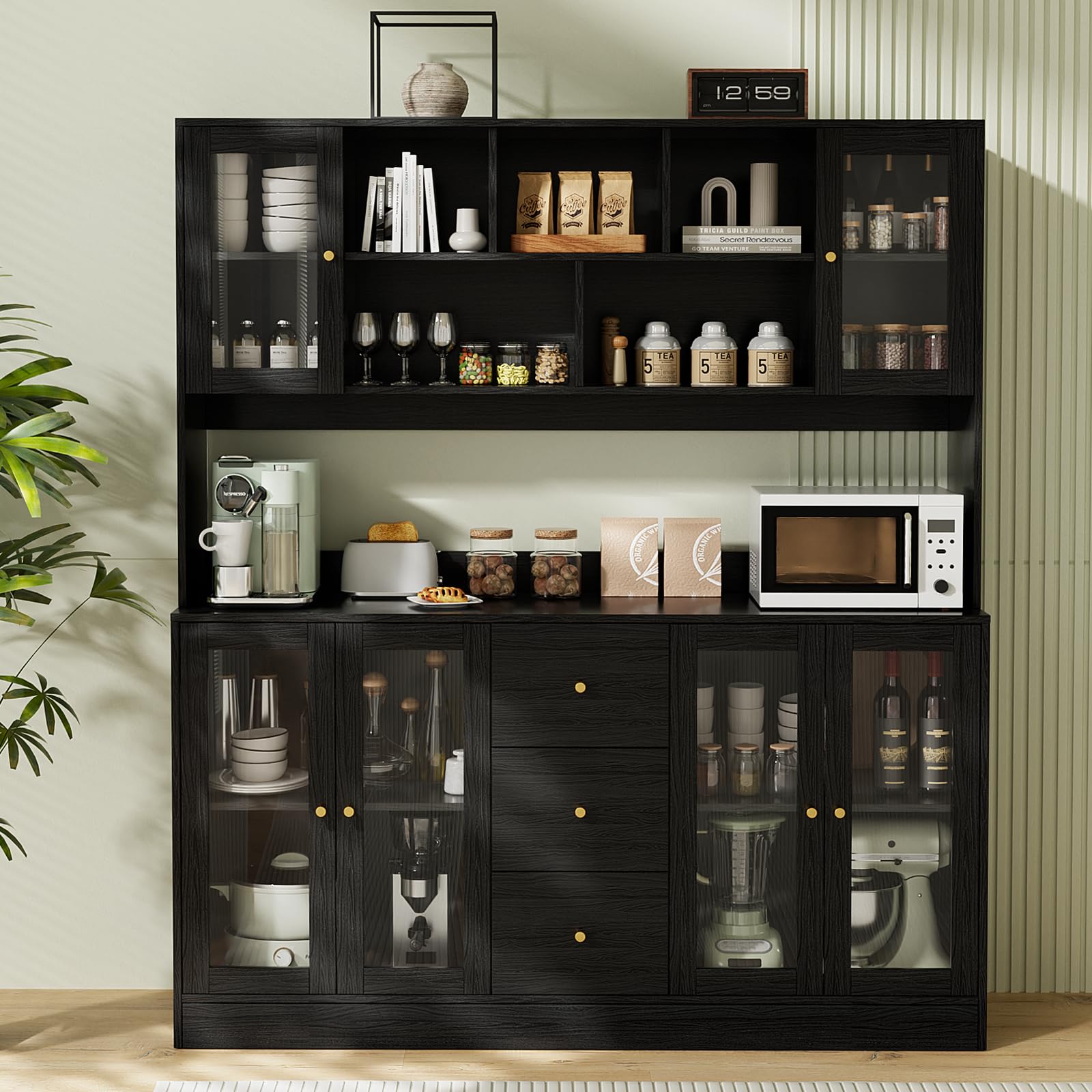 VOWNER Large Kitchen Hutch Cabinet - 6 Glass Doors, 3 Drawers & Microwave Shelf, Freestanding Pantry Storage Cupboard for Kitchen Open Storage (Black) - Perfect for Modern Kitchens & Dining Areas