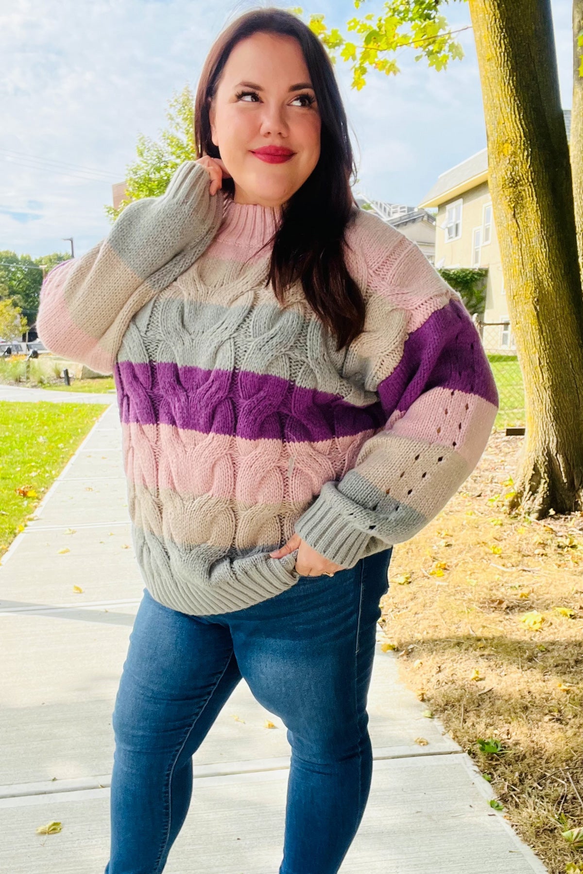Fall For You Mauve Multicolor Stripe Cable Knit Mock Neck Sweater | Women's Cozy Winter Pullover | Perfect for Christmas, Holiday Parties & Casual Outings