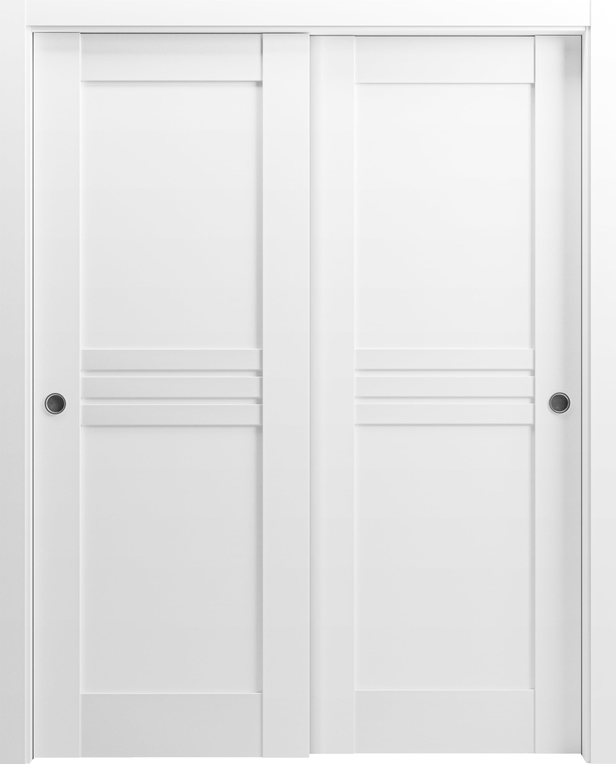VDOMDOORS 64x96 Inch Sliding Closet Bypass Doors - White Silk Mela 7444 Finish with Rails Hardware Set | Solid Wood Bedroom Wardrobe Doors for Space-Saving Storage Solutions