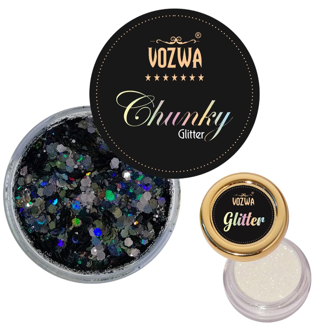 Vozwa Black Beauty Eyeshadow - Chunky Glitter & Holographic White Eye Glitter for Party, Festival & Special Occasion Makeup