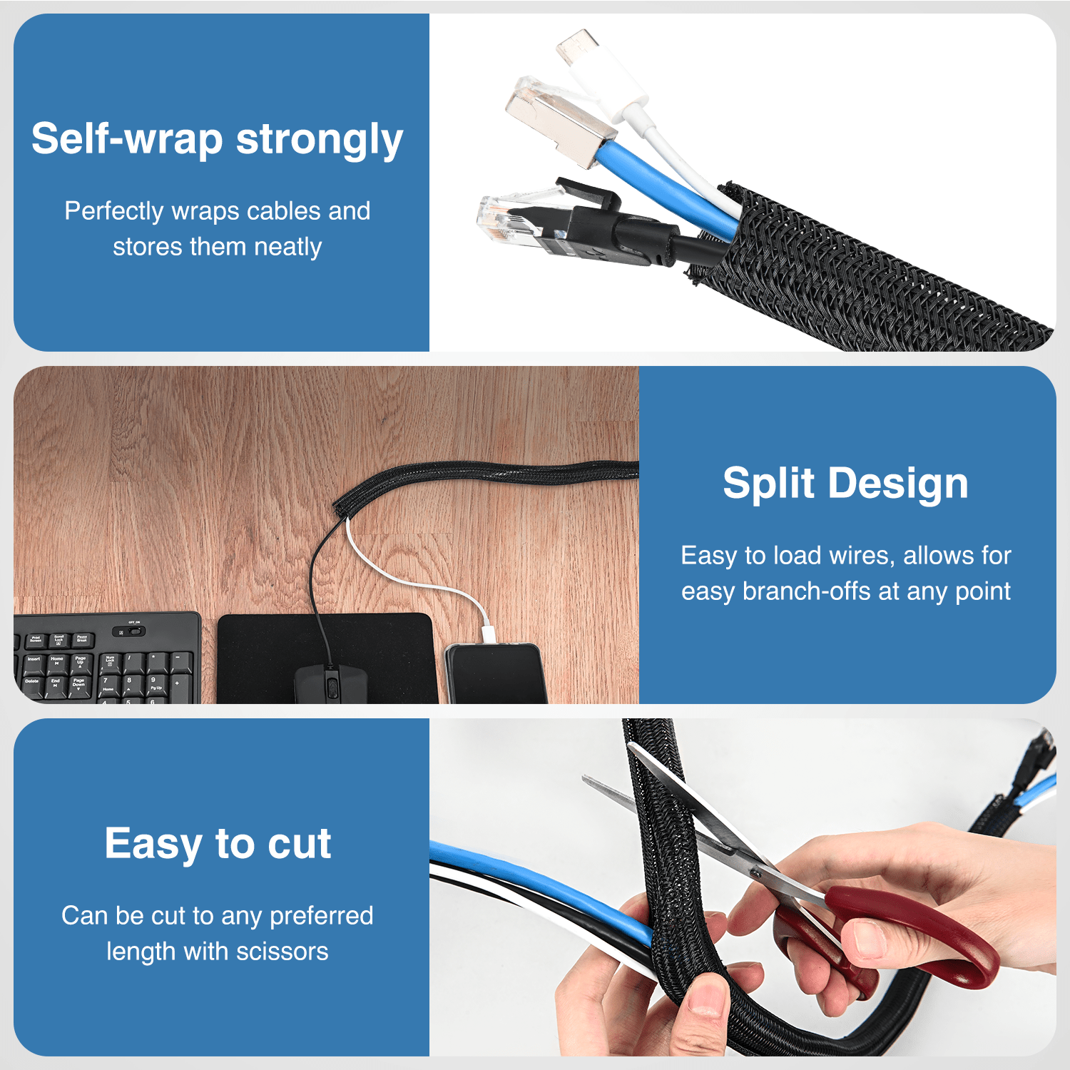 10ft 1/2 Inch Cable Management Sleeves - Organize & Protect Wires for Home Office, Gaming Setup & Electronics - Black Mesh Cord Covers for Desk, TV & Computer Wires