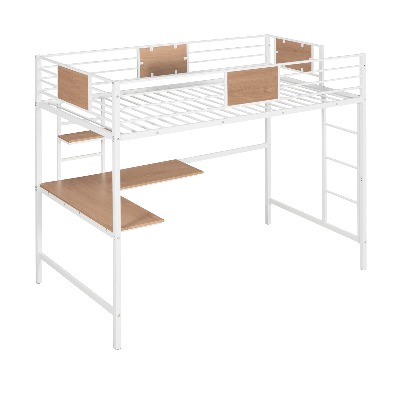 **White Twin Loft Bed with Desk & Bookcase - Metal Frame Kids Bunk Bed with Ladder & Safety Guard Rail - Perfect for Small Bedrooms, Dorms, or Shared Kids' Rooms**
