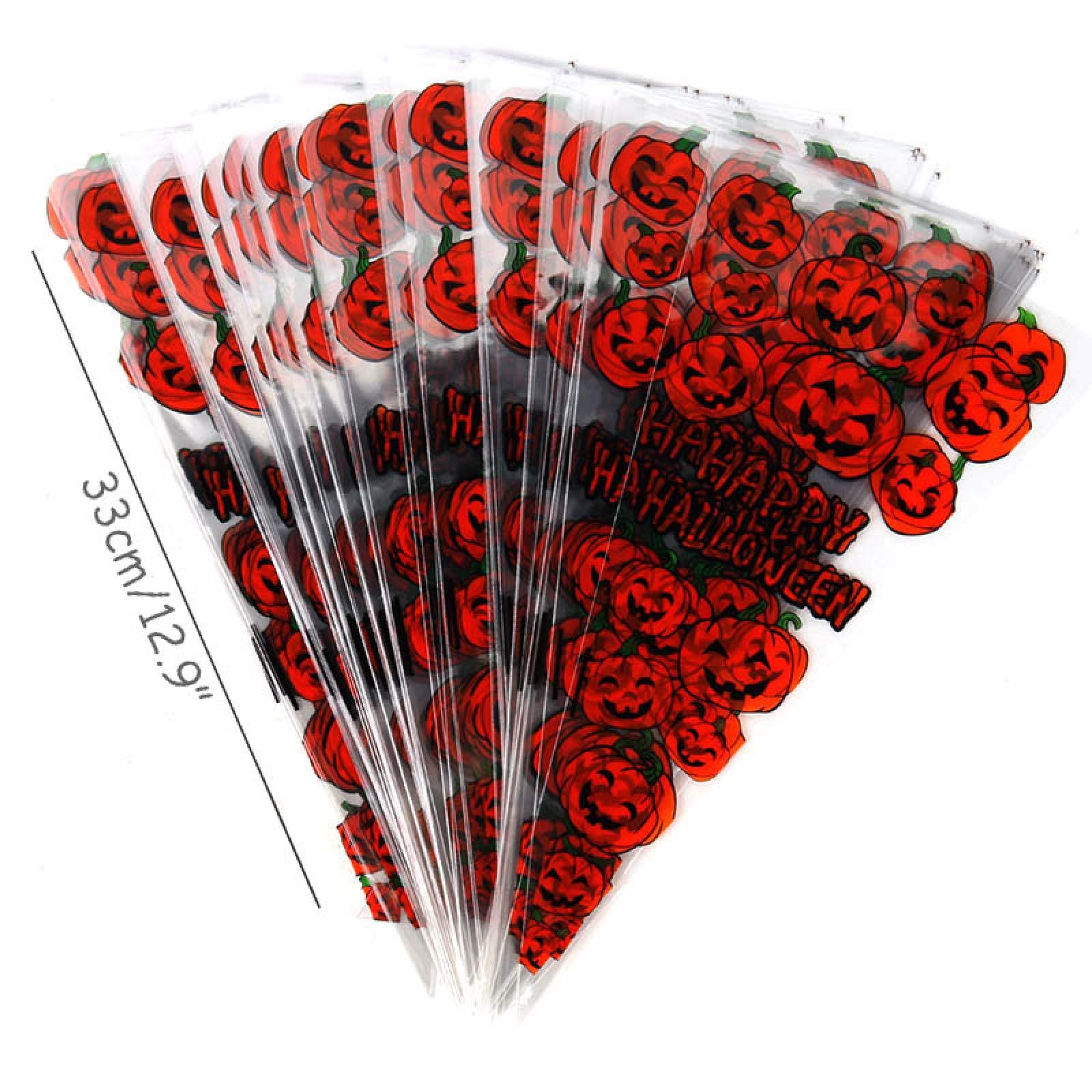 100pcs Happy Halloween Pumpkin Plastic Candy Bags - Trick or Treat Snack Packing Gift Bags for Chocolate & Candy - Perfect for Halloween Parties, School Events & Neighborhood Treats