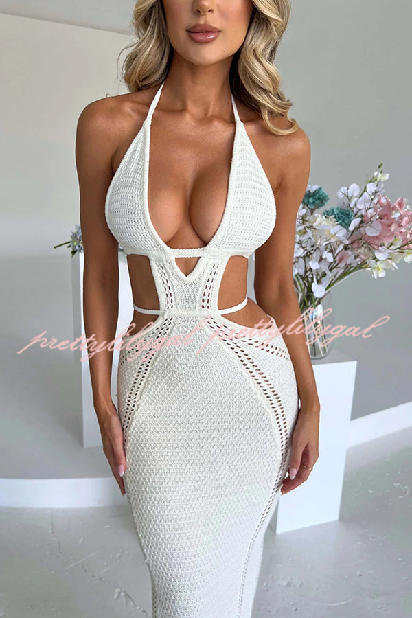 Sexy Knit Crochet Cutout Halter Tie-Up Stretch Maxi Dress for Women - Boho Chic Summer Beach Party & Date Night Outfit