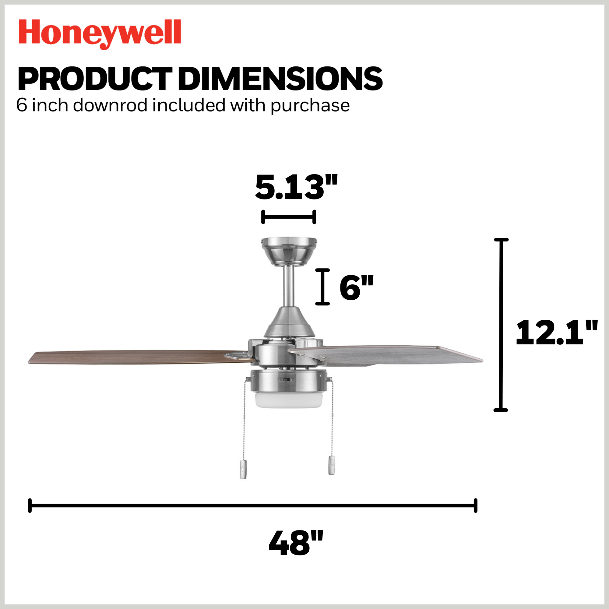 48 Inch Honeywell Berryhill Brushed Nickel Ceiling Fan with Light Kit and Pull Chain - Perfect for Living Room, Bedroom, and Outdoor Patio Cooling