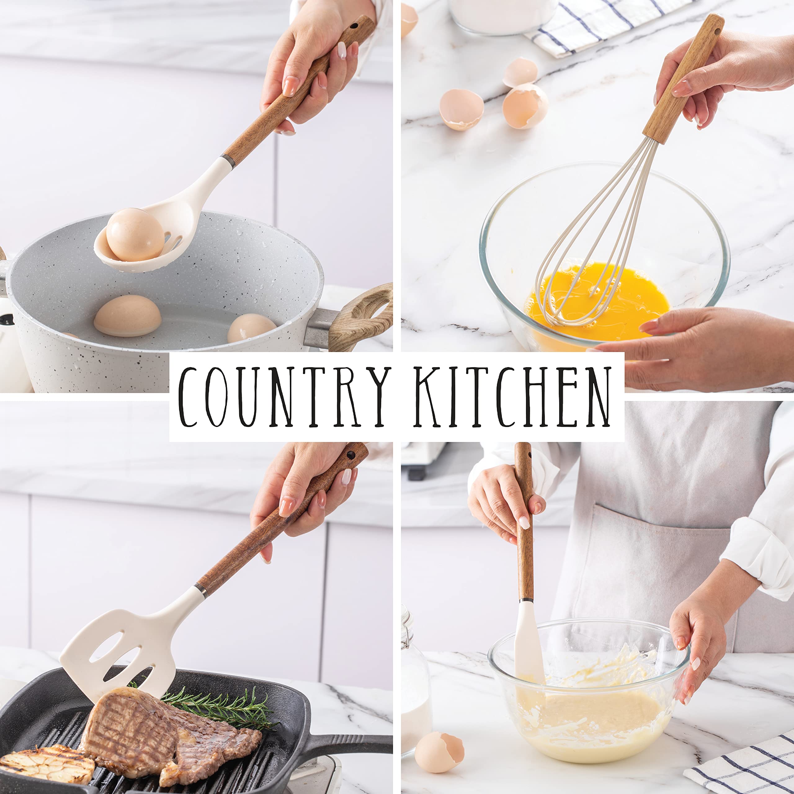 Non-Stick Silicone Cooking Utensil Set with Wood Handles - 8-Piece Kitchen Tools for Baking, Frying & Stirring - Country Style Khaki Color - Perfect for Home Chefs & Holiday Cooking Gifts