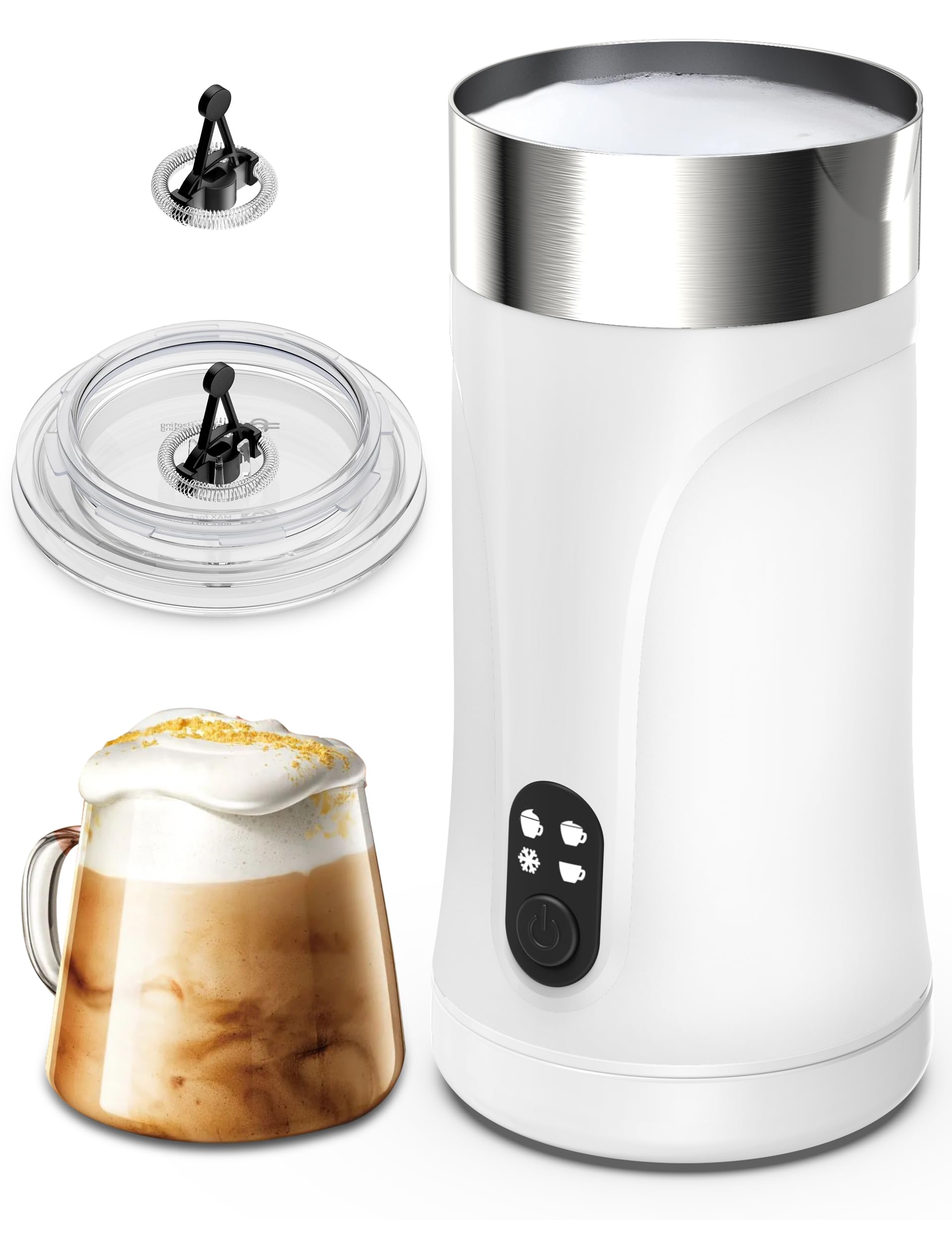KLEAH 4-in-1 Electric Milk Frother and Steamer - Hot & Cold Milk Frother with Auto Shut-Off, Non-Slip Design for Latte, Cappuccino, Macchiato - Easy Clean White Milk Frother for Coffee Lovers & Home Baristas