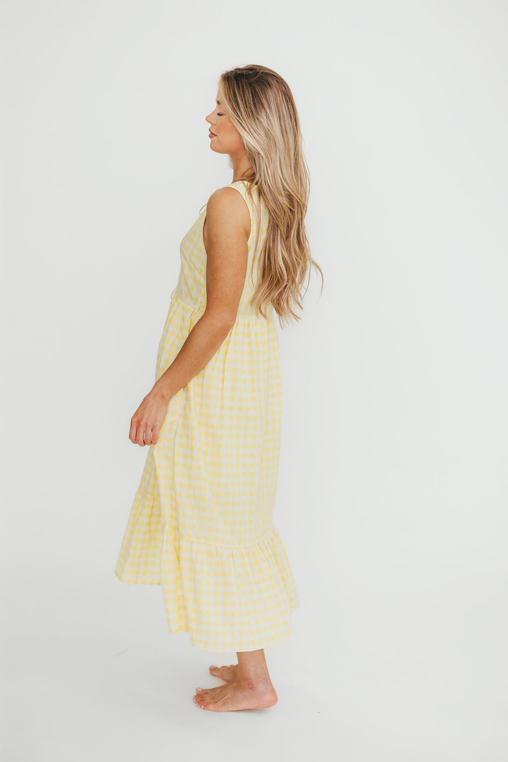 Alana Gingham Ribbon Detail Midi Dress in Butter Yellow - Floral Summer Dress for Women, Casual & Party Wear, Perfect for Beach, Brunch and Date Nights