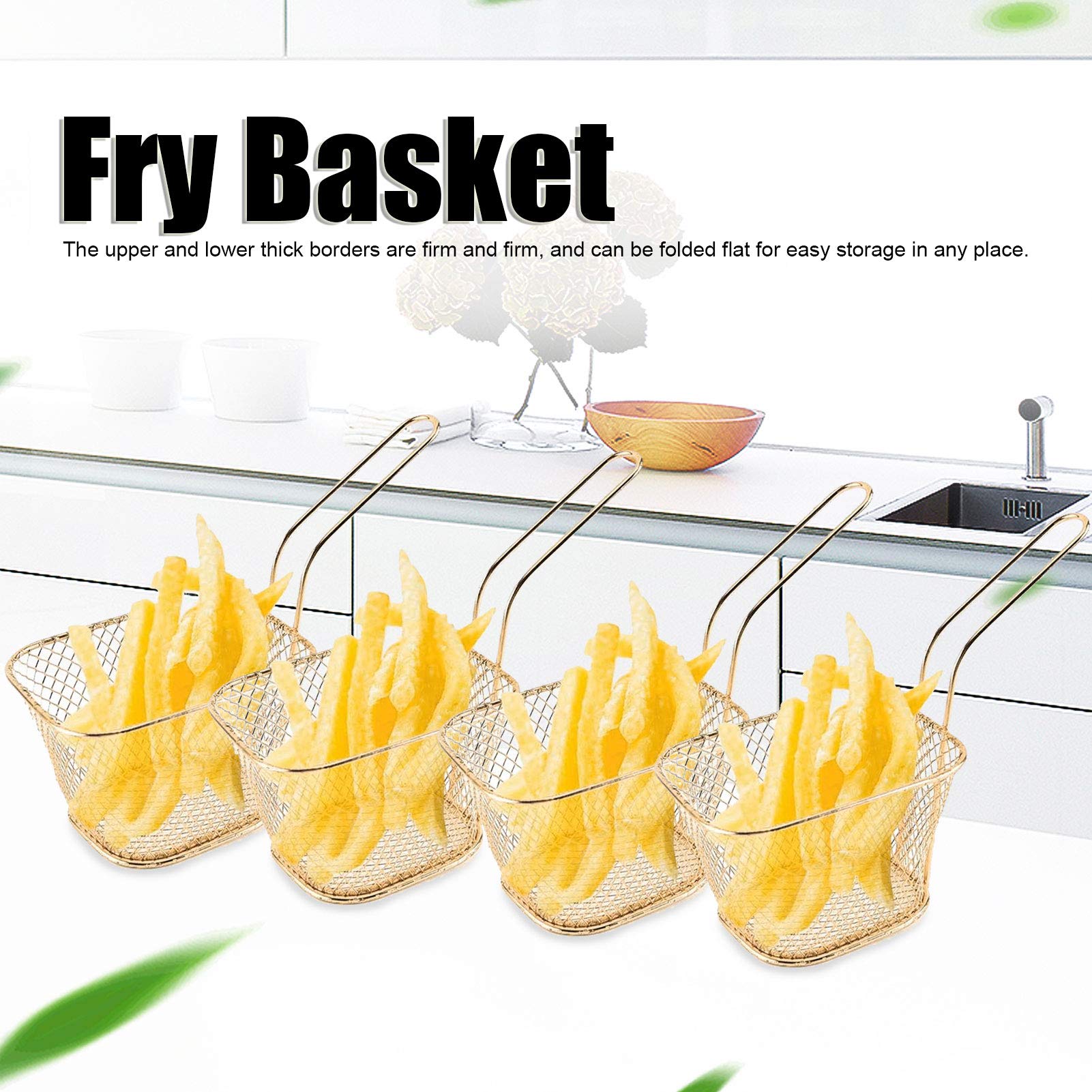 4-Piece Stainless Steel Frying Basket Set - Multi-Functional Deep Fryer Basket for French Fries, Onion Rings, Chicken Wings (Gold) - Perfect for Home Kitchens, Restaurants & Outdoor Cooking