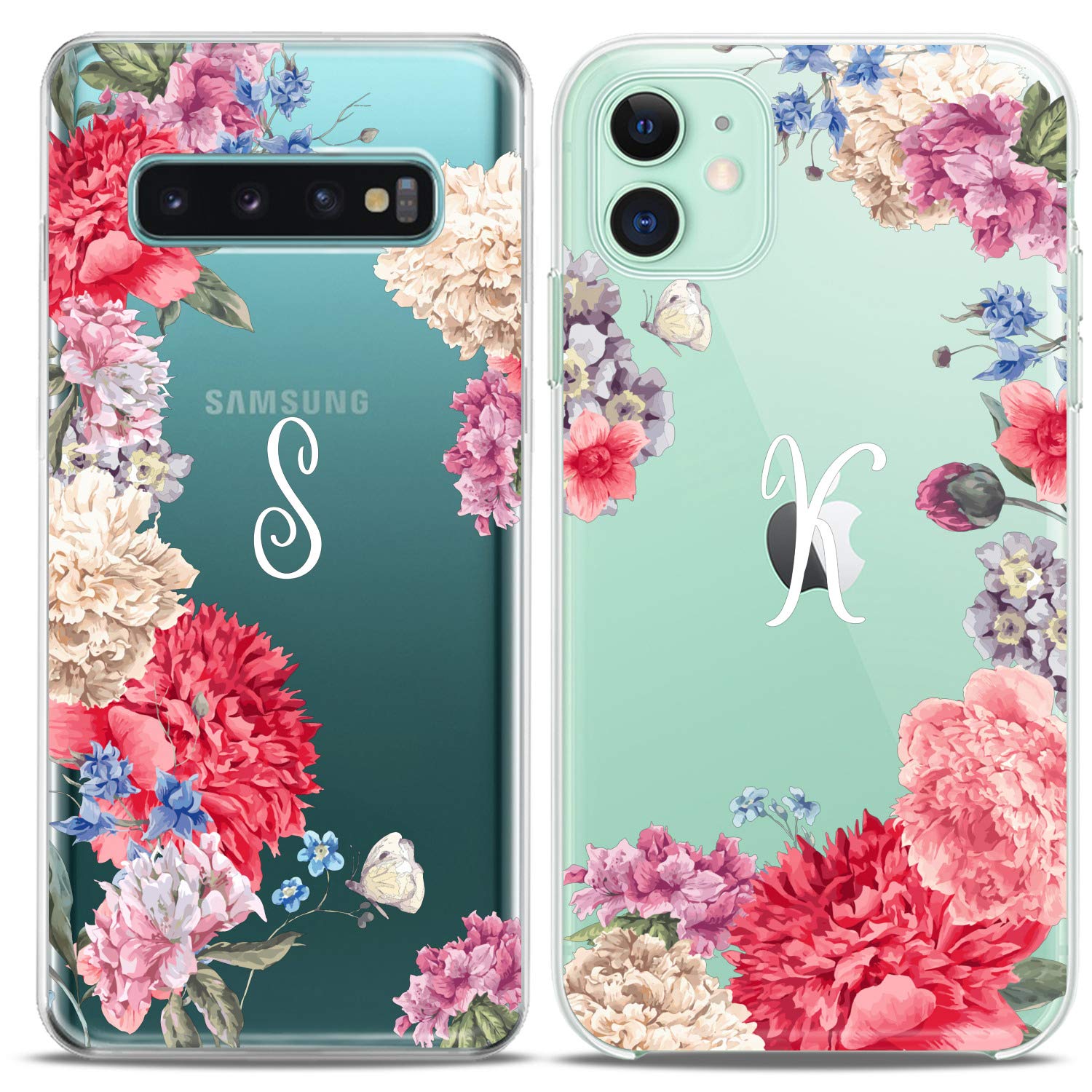 Matching Couple Phone Cases for iPhone 16/15/14/13/12/11 Pro Max/Mini/XS/X/8 Plus/7+/XR/10/SE/5 - Floral Spring Flowers Design Pink Silicone Cover - Personalized Gift for Couples, Besties & Women - Perfect for Valentine's Day, Anniversaries & Everyday Use