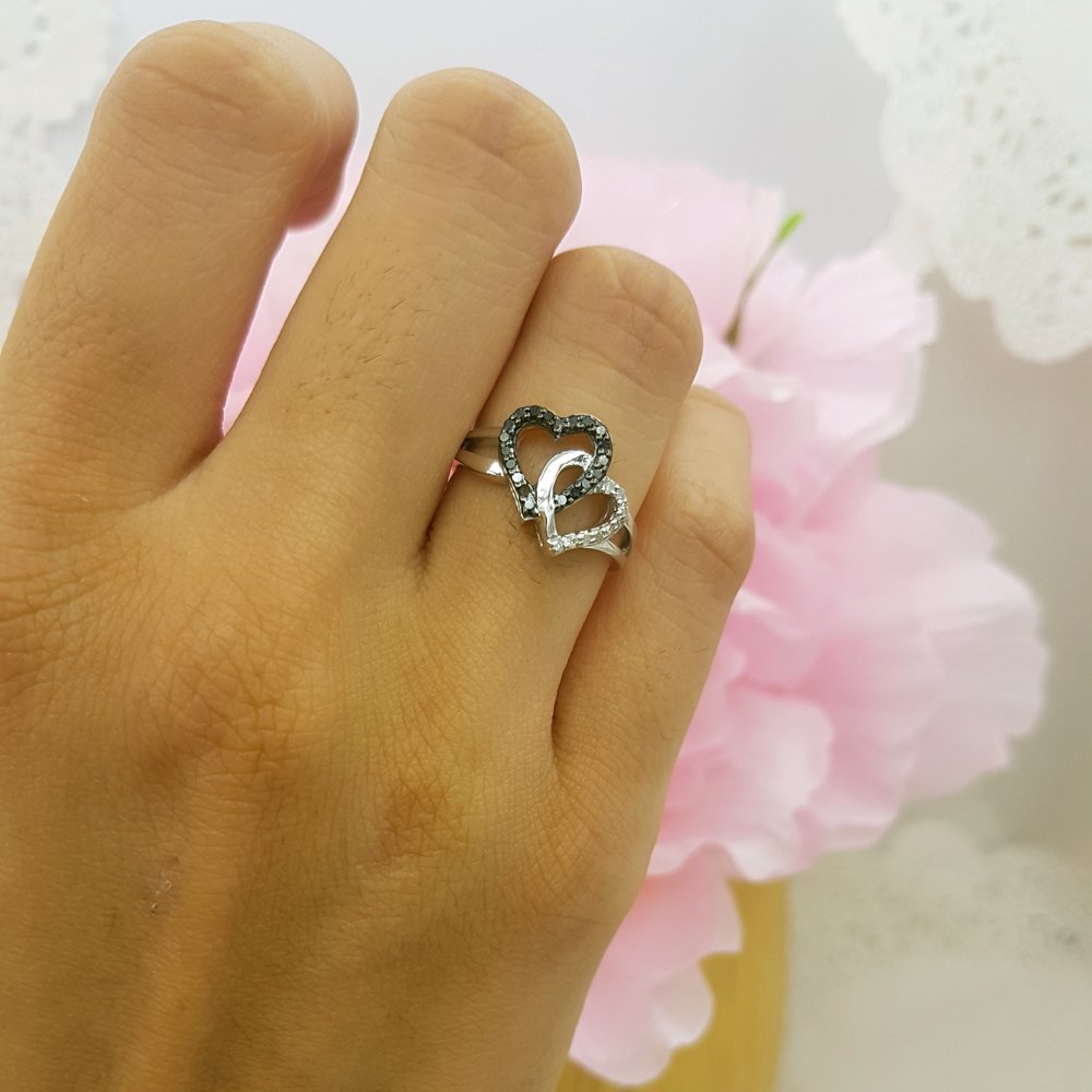 0.25 Carat Black & White Diamond Double Heart Promise Ring for Women - 925 Sterling Silver Split Shank Design - Perfect for Anniversaries, Engagements & Romantic Gifts