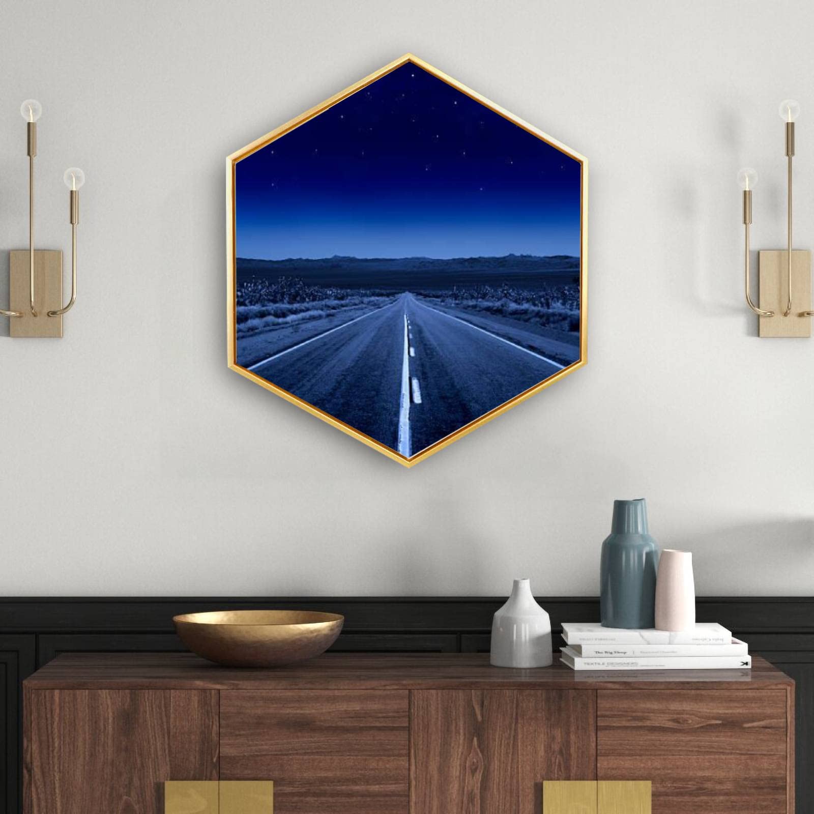 Moonlit Road Canvas Wall Art - Golden Framed Giclee Print - Modern Minimalist Hexagon Wall Decor for Home & Office - Ready to Hang - Perfect for Living Room, Bedroom or Workspace