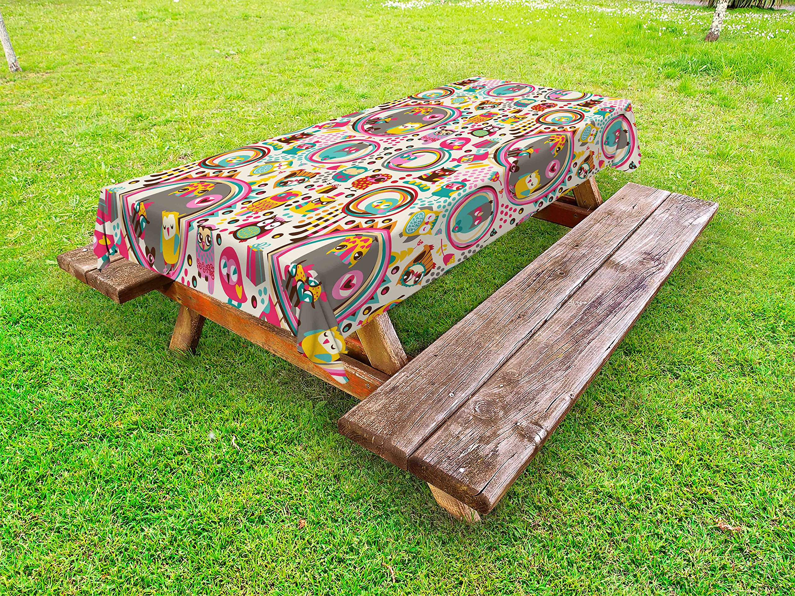 Ambesonne Owl Print Outdoor Tablecloth - Cartoon Style Funny Bird Design with Colorful Dots & Triangles Forest Pattern, Washable Picnic Table Cover 58x104 Inches - Perfect for Garden Parties, BBQs, Camping & Outdoor Dining Decor