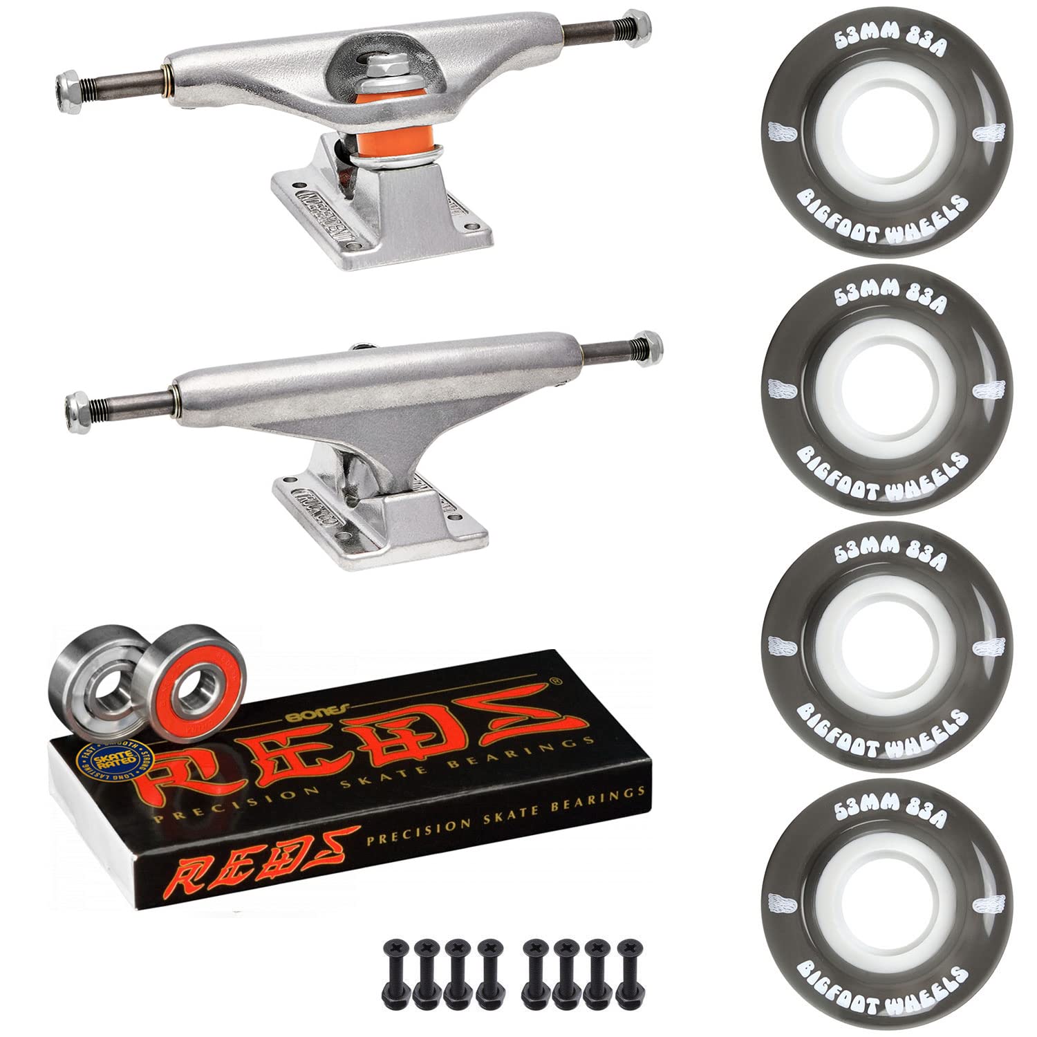 **Premium Independent Skateboard Trucks Kit - Bigfoot 53mm Soft 83A Wheels, Bones Reds Bearings, 1