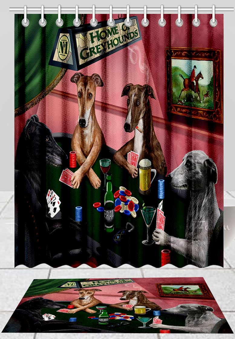 Non-Slip Poker Playing Greyhound Dog Bath Mat & Shower Curtain Set - Plush Bathroom Decor Rug with Polyester Bathtub Curtain & Hooks (Mat 20''x32'', Curtain 72''x84'') - Perfect for Dog Lovers' Bathroom, Themed Home Decor & Gift Idea