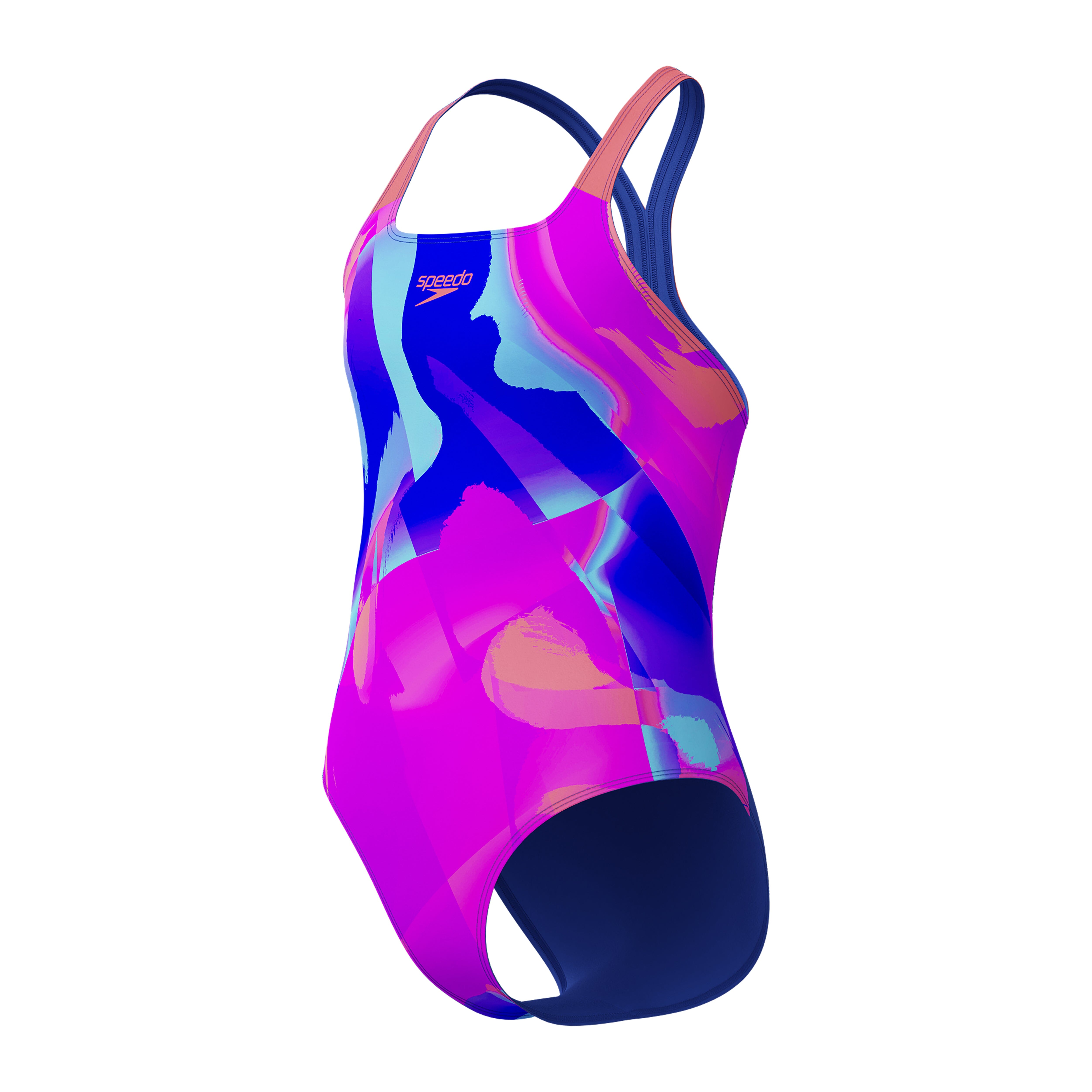 Speedo Girls' Digital Printed Powerback Swimsuit - Pink & Blue Two-Tone Competitive Swimwear for Training & Pool Activities