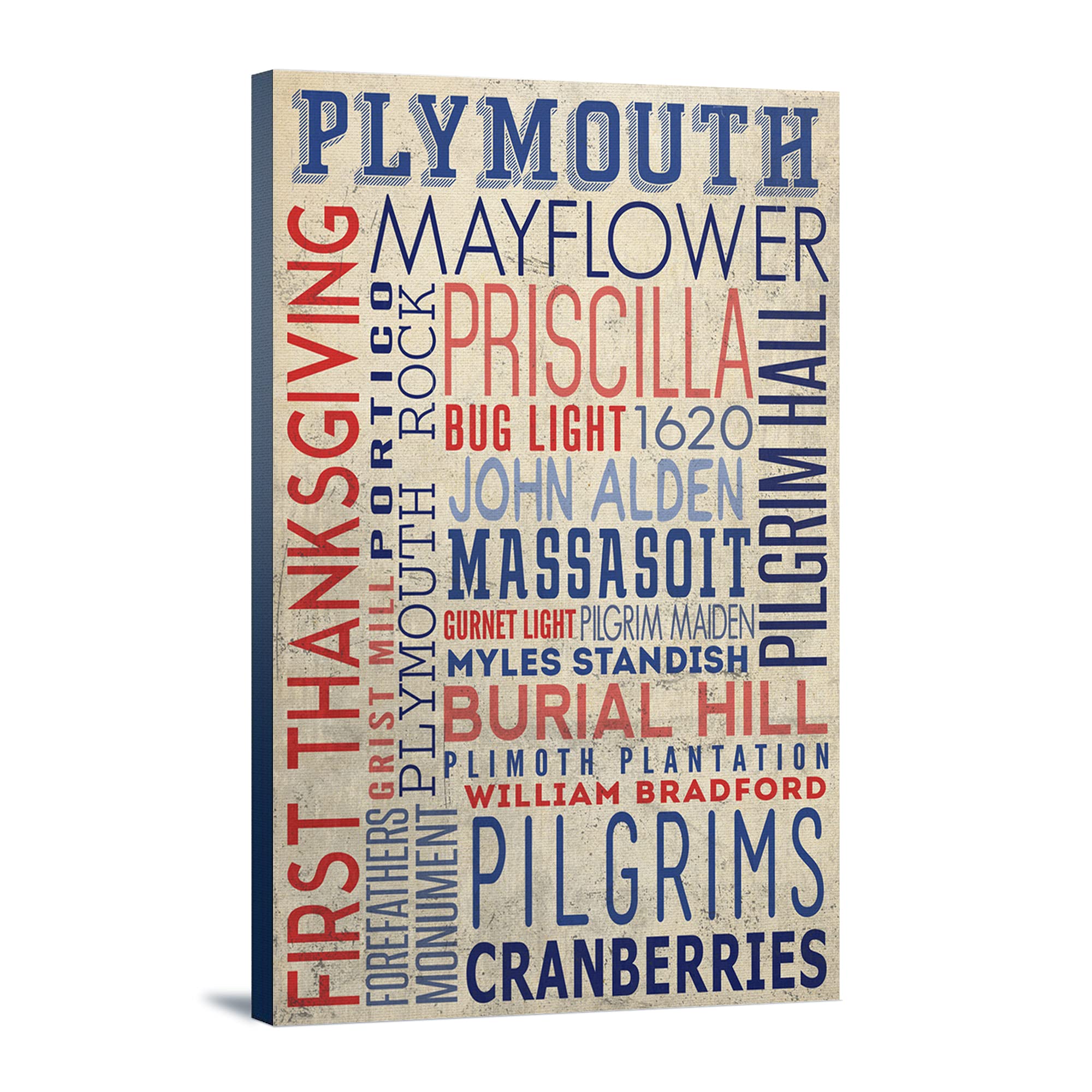 Lantern Press Plymouth Massachusetts Typography Art Print - 16x24 Wrapped Canvas Wall Decor for Living Room, Bedroom & Office