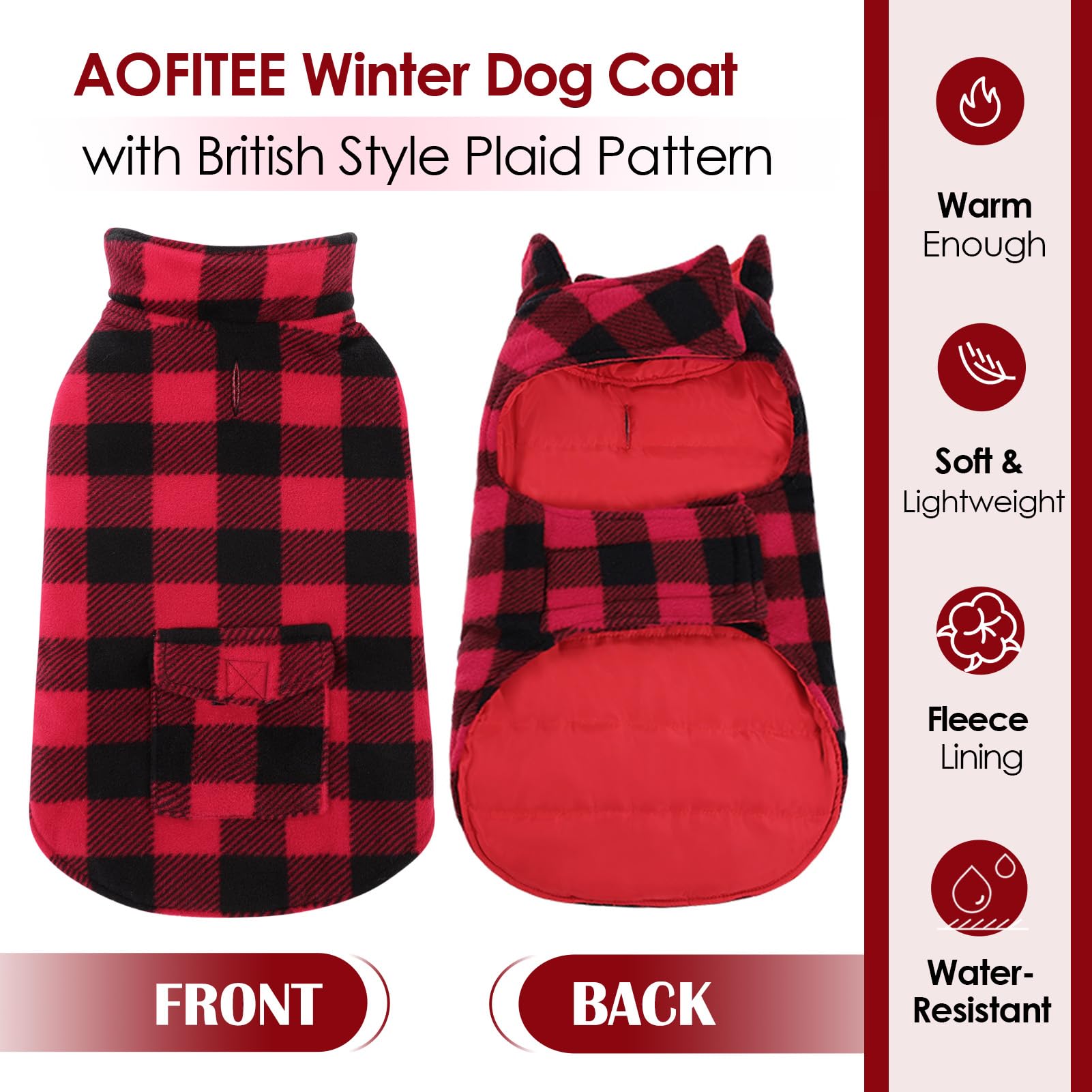 AOFITEE Plaid Dog Winter Coat - Warm Reversible Puffer Jacket for Small, Medium & Large Dogs | Waterproof Cold Weather Dog Sweater | Perfect for Outdoor Walks, Hiking & Winter Adventures