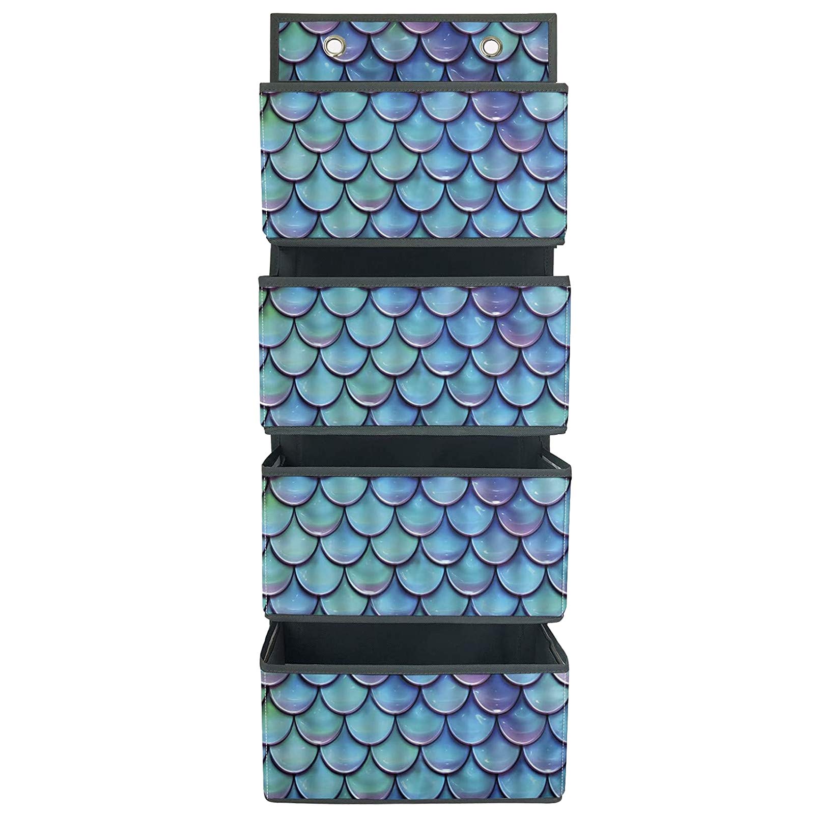 Frestree 4-Shelf Hanging Closet Organizer with Hooks - Mermaid Scales Design Collapsible Storage Shelves for Nursery, Bedroom & Closet Organization - Space Saving Wardrobe Solution for Clothes, Toys & Accessories