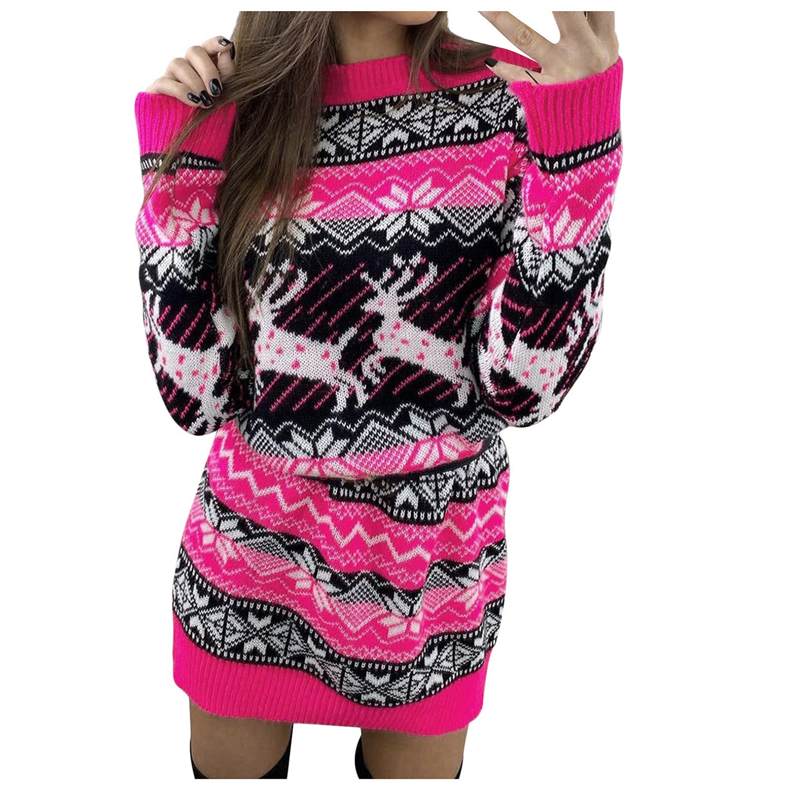 AFGF Women's Long Sleeve Geometric Print Knit Sweater Dress - Round Neck Casual Mini Dress for Women - Perfect for Office, Date Night & Fall/Winter Fashion
