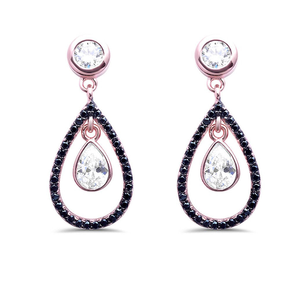 24mm Drop Dangling Earrings - Teardrop Pear Round Black Cubic Zirconia Rose Gold Plated 925 Sterling Silver Jewelry for Women - Perfect for Weddings, Parties & Evening Events