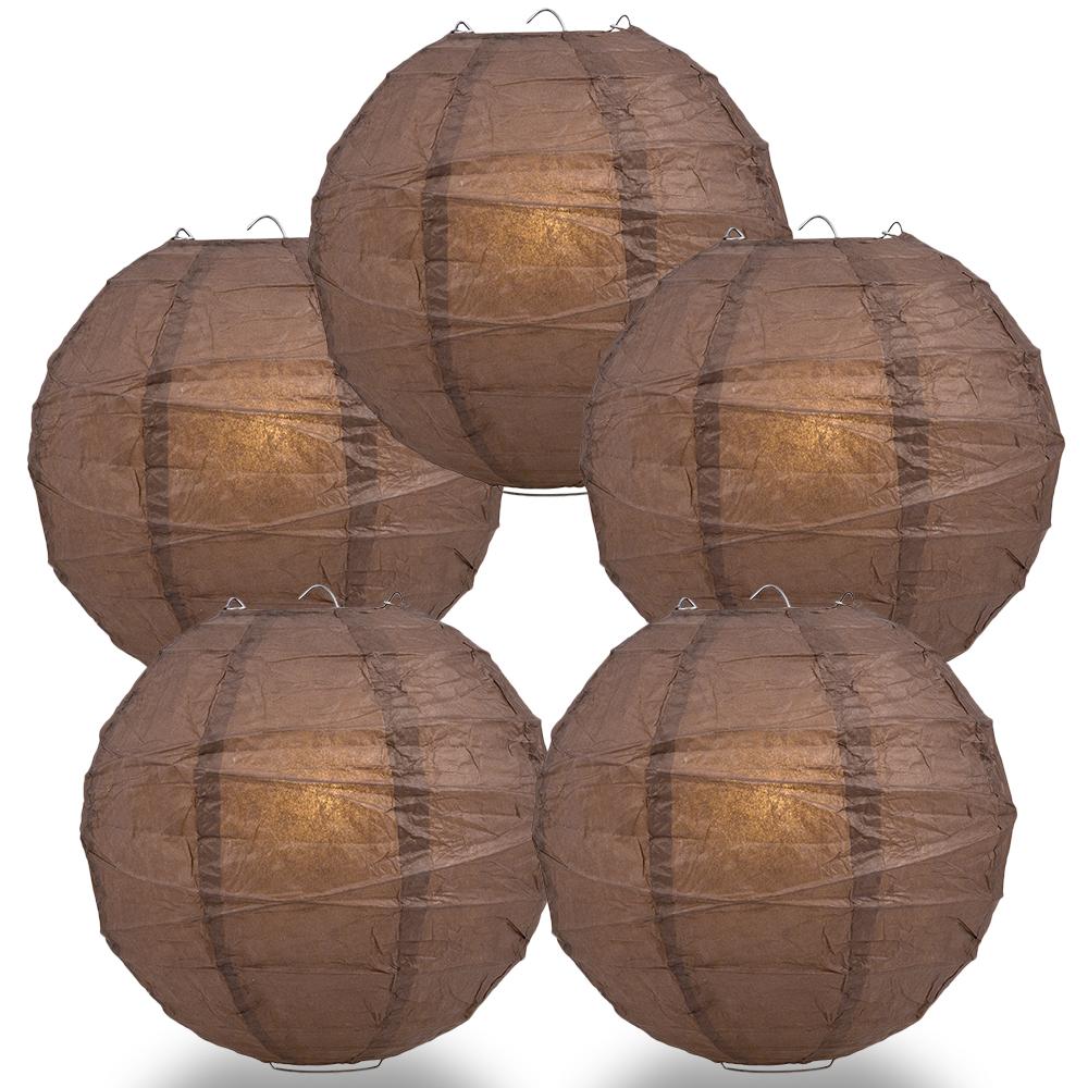 5 Pack 12 Inch Brown Freestyle Ribbed Hanging Paper Lanterns for Home Decor, Party, Wedding & Outdoor Events