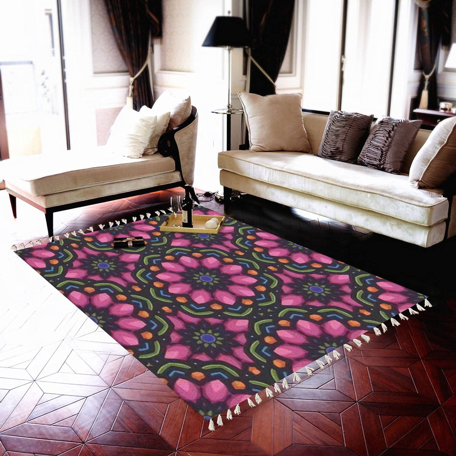 Boho Mandala Area Rug - Round Floral Ethnic Pattern Non-Slip Carpet for Living Room, Bedroom, Hallway | Indoor Outdoor Bohemian Home Decor for Patio, Dorm, Yoga Studio
