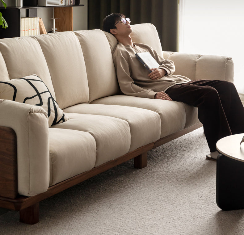Modern Solid Wood Down Straight Sofa - Black Walnut & Ash Wood Frame - Perfect for Living Room, Lounge, or Office Comfort