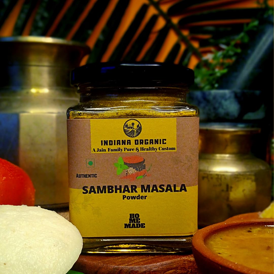Organic Sambar Masala Powder 150g - Authentic Indiana Spice Blend | No Onion & Garlic | Freshly Packed | No Colors, Fillers, Additives or Preservatives | Perfect for South Indian Curry, Lentil Dishes & Vegan Cooking