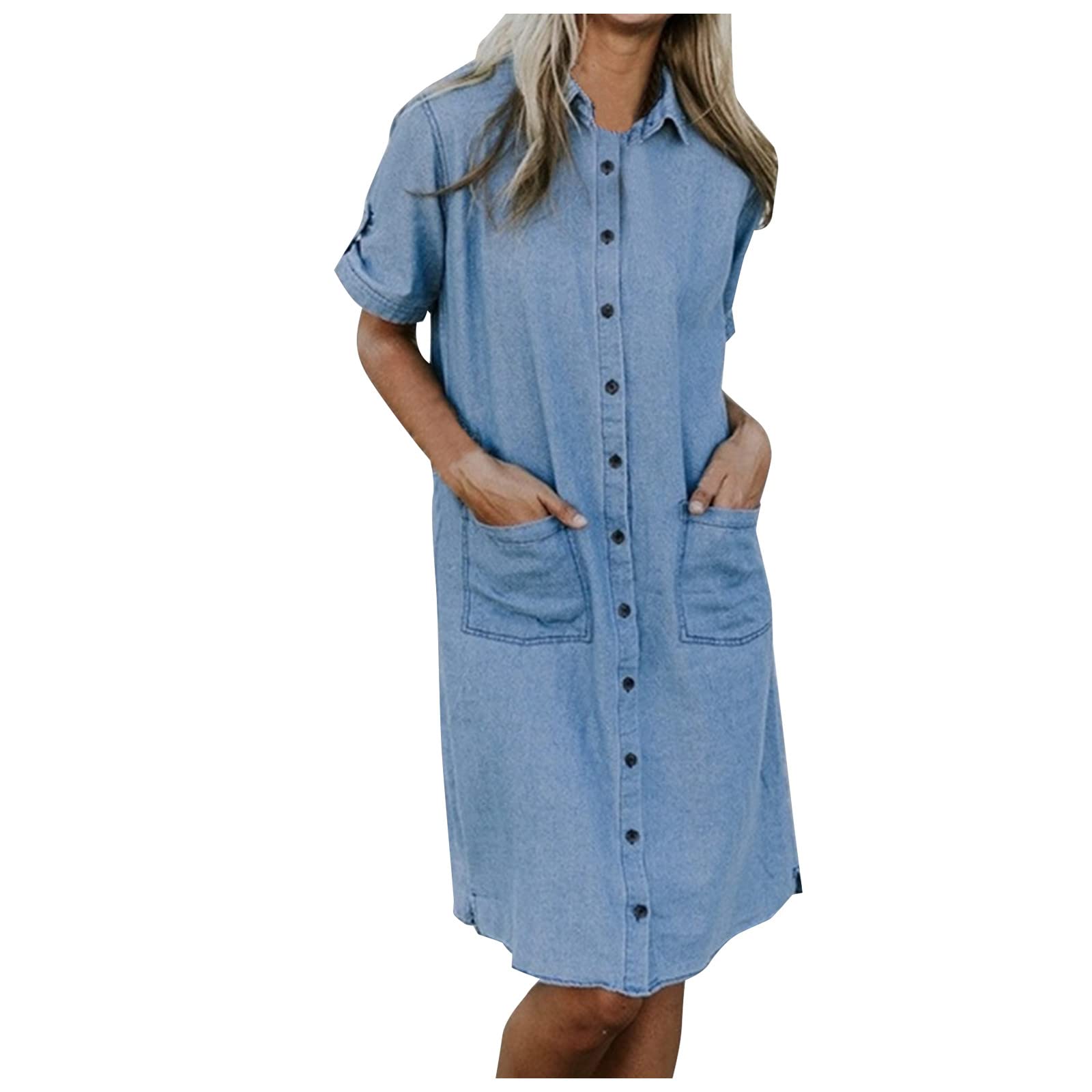 Women's Summer Denim Shirt Dress - Button Down 3/4 Sleeve V-Neck with Pockets | Mini Slim & Loose Fit Jean Dress for Casual Outings, Beach Wear & Date Nights