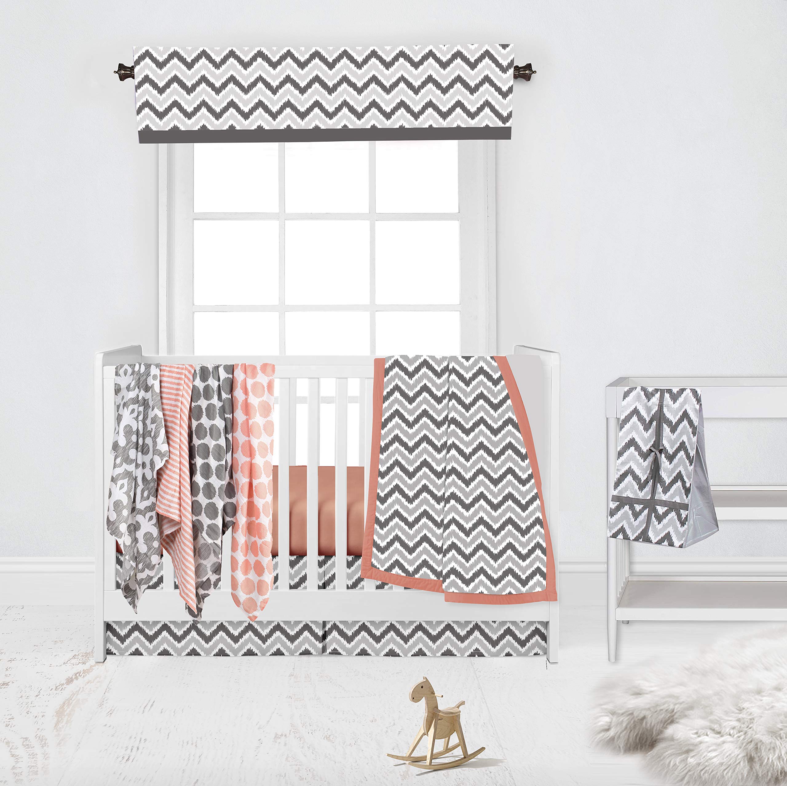 Bacati Coral Grey Ikat Chevron Muslin 10-Piece Neutral Crib Bedding Set with 4 Swaddle Blankets for Standard US Crib - Soft Baby Nursery Essentials for Newborns & Infants