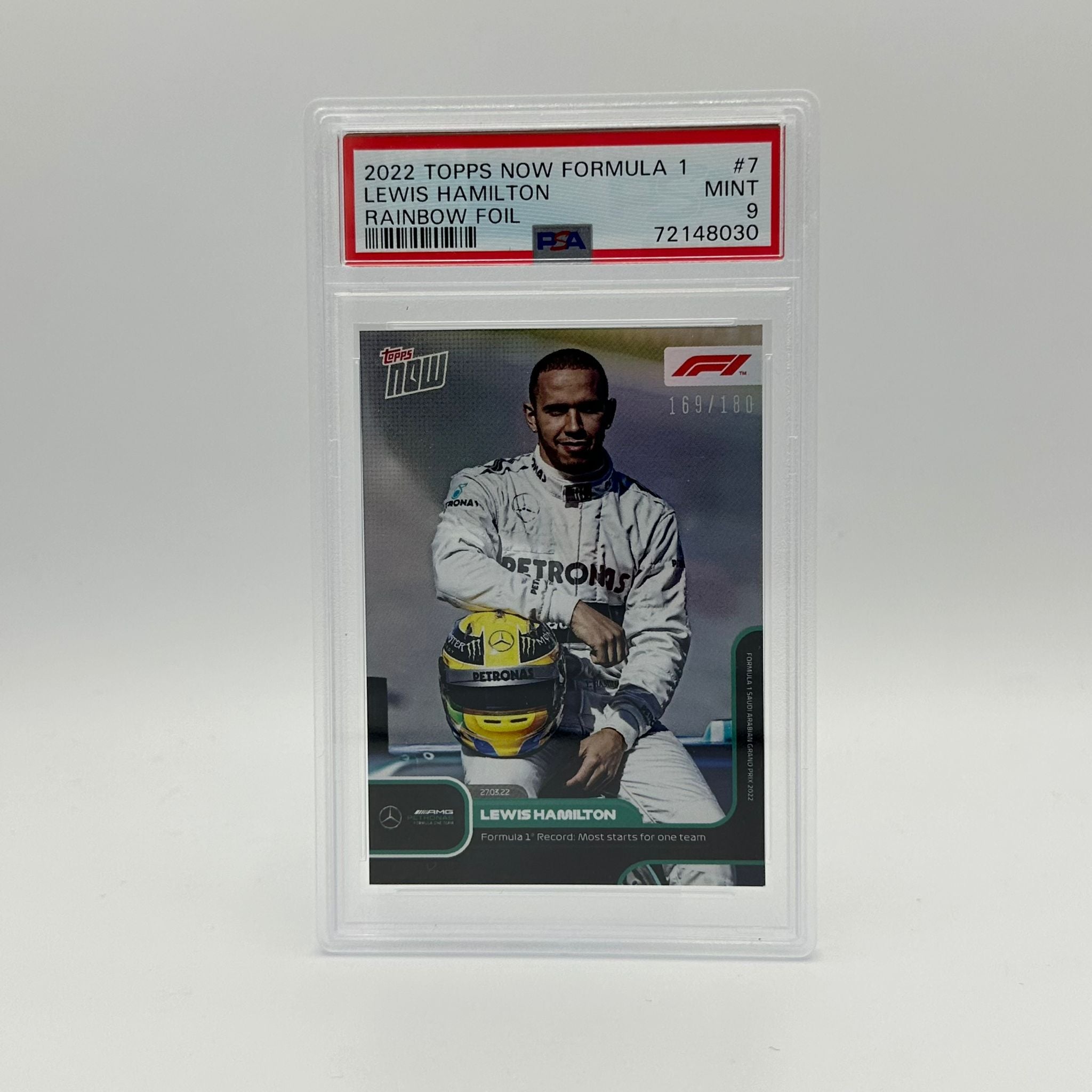 PSA 9 Graded 169/180 Lewis Hamilton F1 Racing Card - Most Starts for One Team #7 - Perfect for Collectors, Fans & Sports Memorabilia Displays